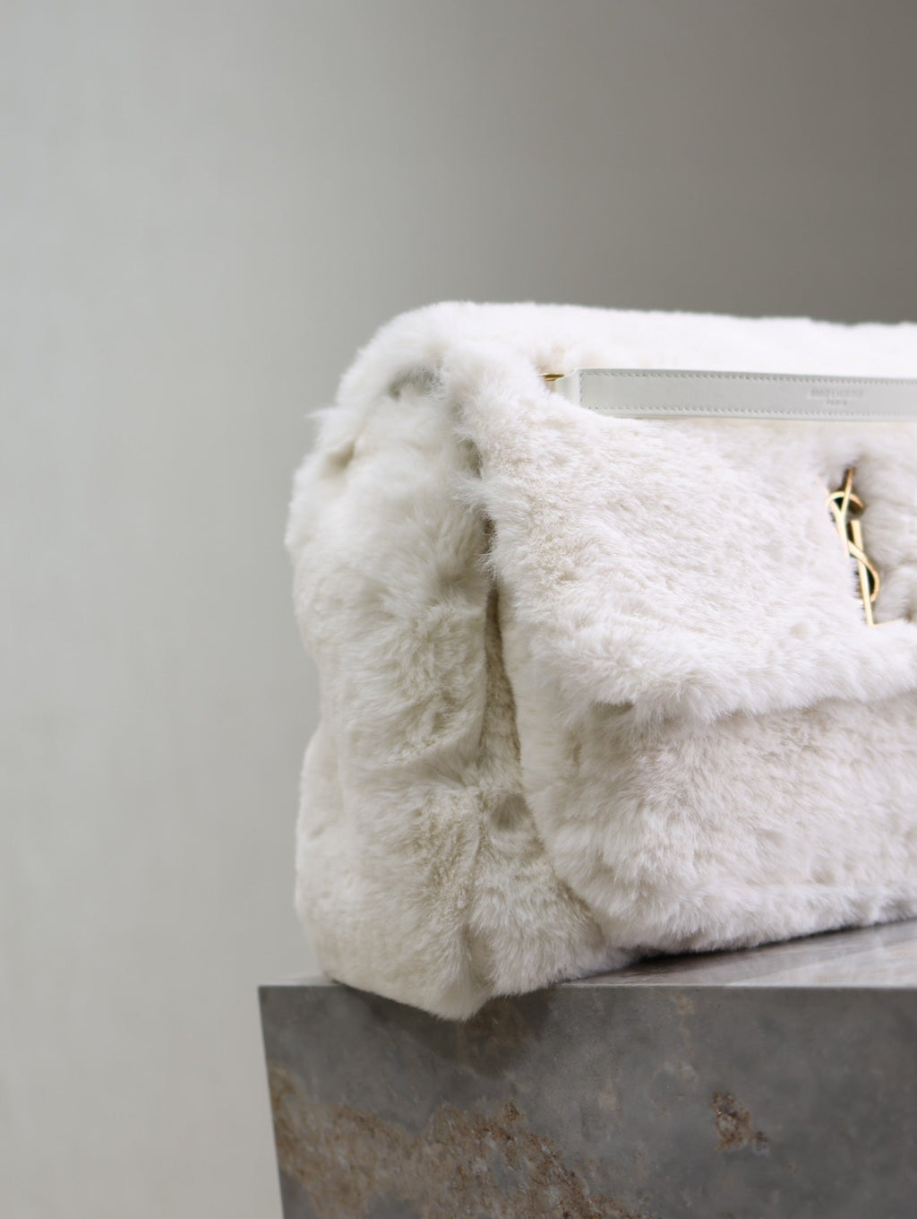 SAINT LAURENT NIKI LARGE 32 IN WHITE RABBIT FUR GOLD HARDWARE