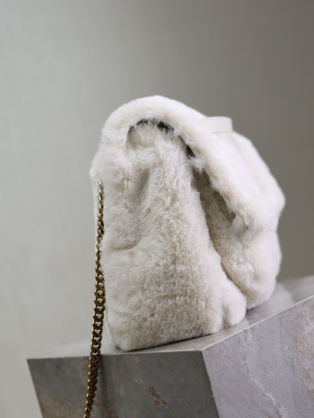SAINT LAURENT NIKI LARGE 32 IN WHITE RABBIT FUR GOLD HARDWARE