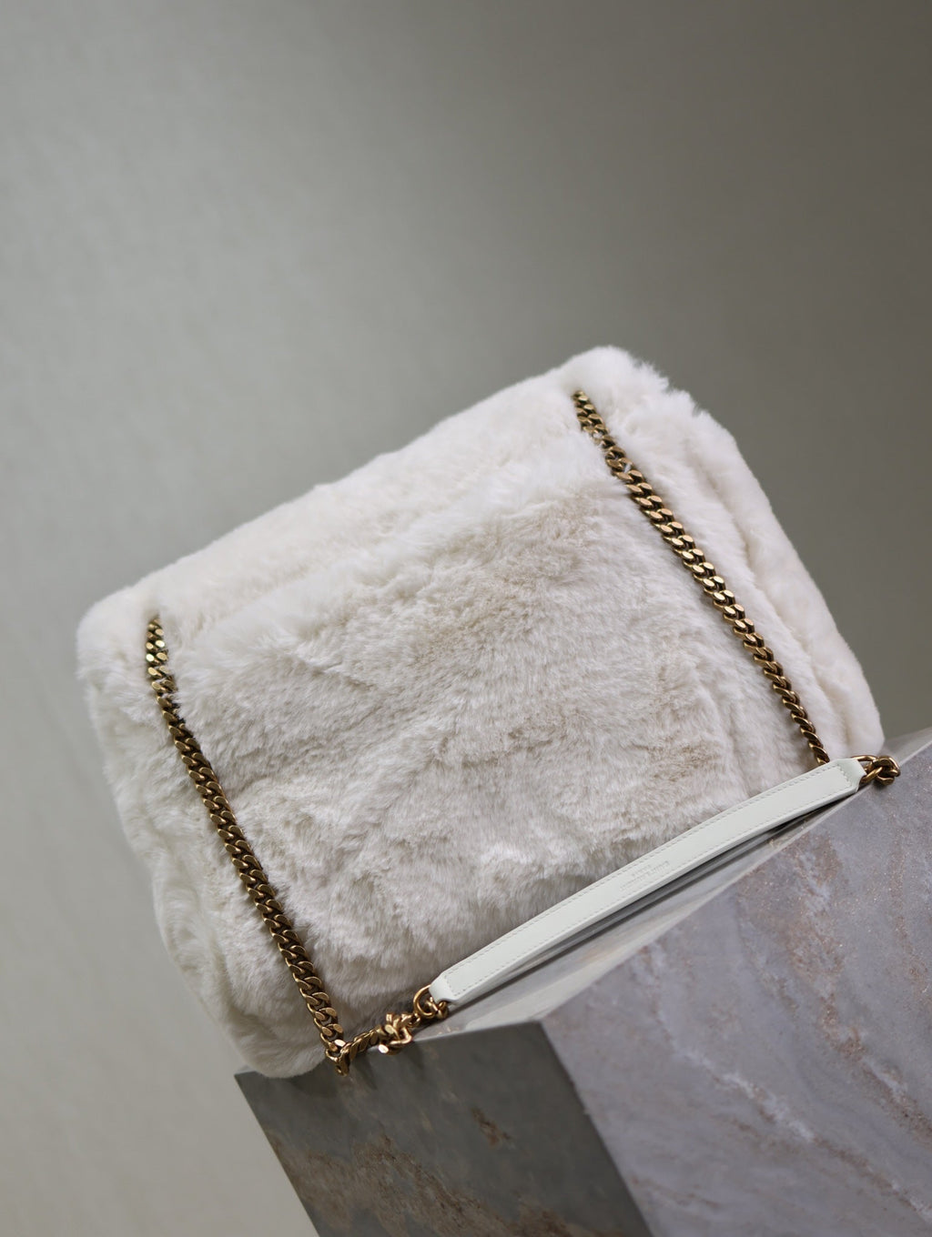 SAINT LAURENT NIKI LARGE 32 IN WHITE RABBIT FUR GOLD HARDWARE