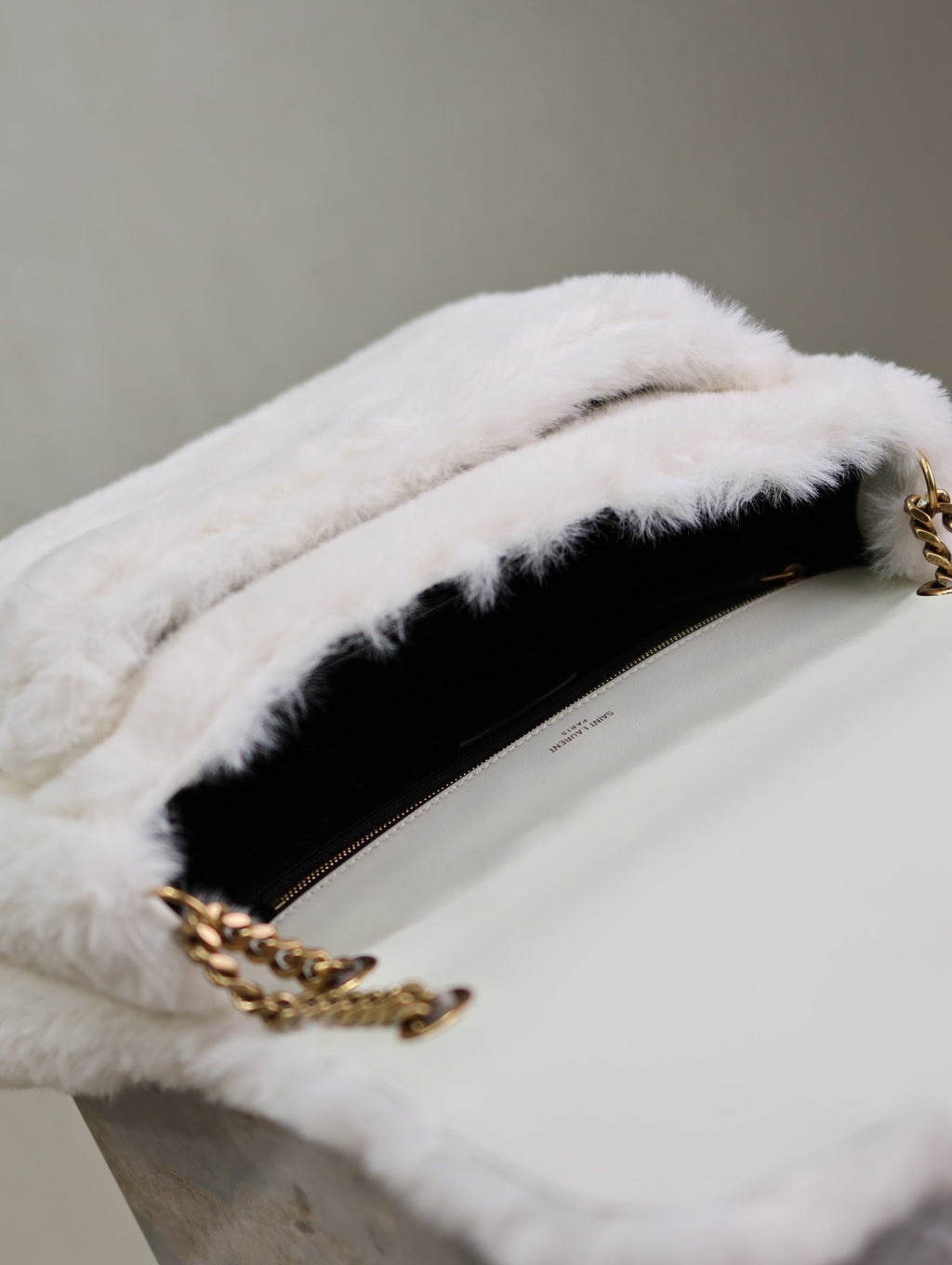 SAINT LAURENT NIKI LARGE 32 IN WHITE RABBIT FUR GOLD HARDWARE