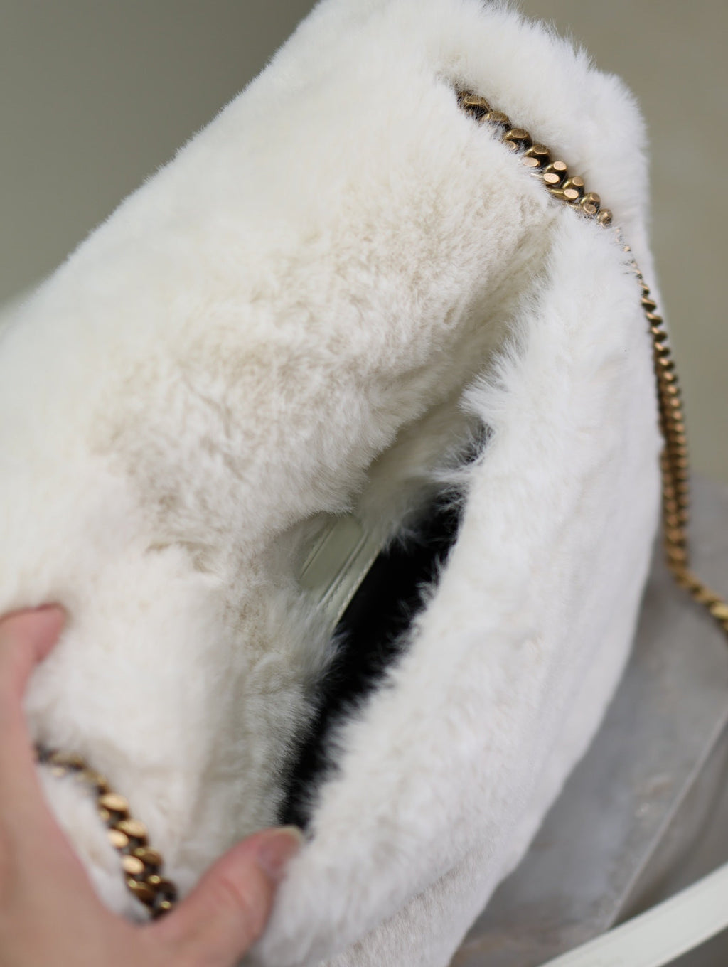 SAINT LAURENT NIKI LARGE 32 IN WHITE RABBIT FUR GOLD HARDWARE