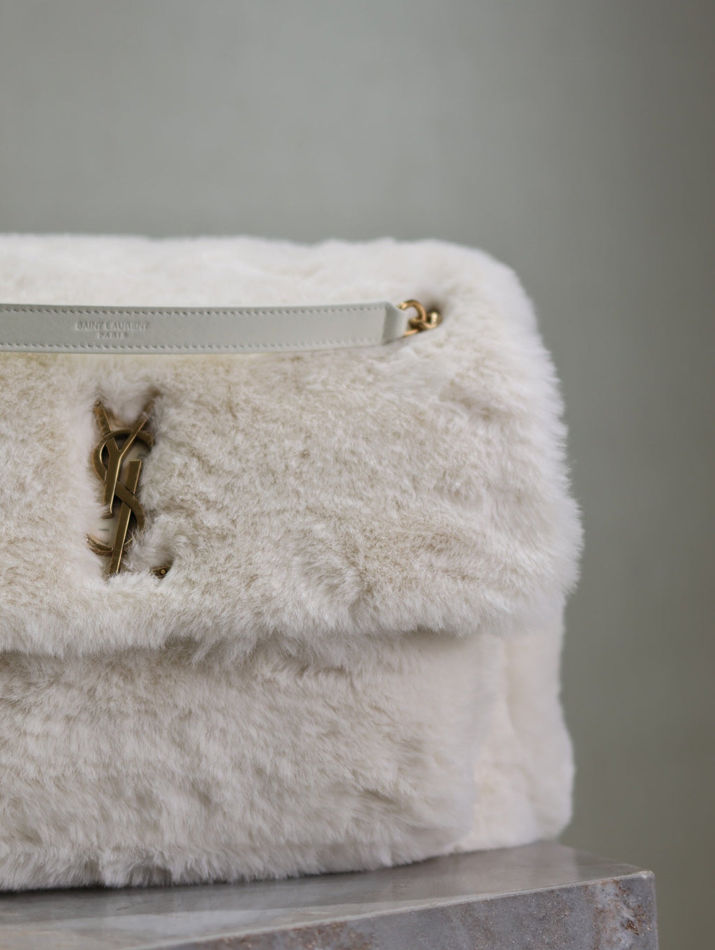 SAINT LAURENT NIKI LARGE 32 IN WHITE RABBIT FUR GOLD HARDWARE