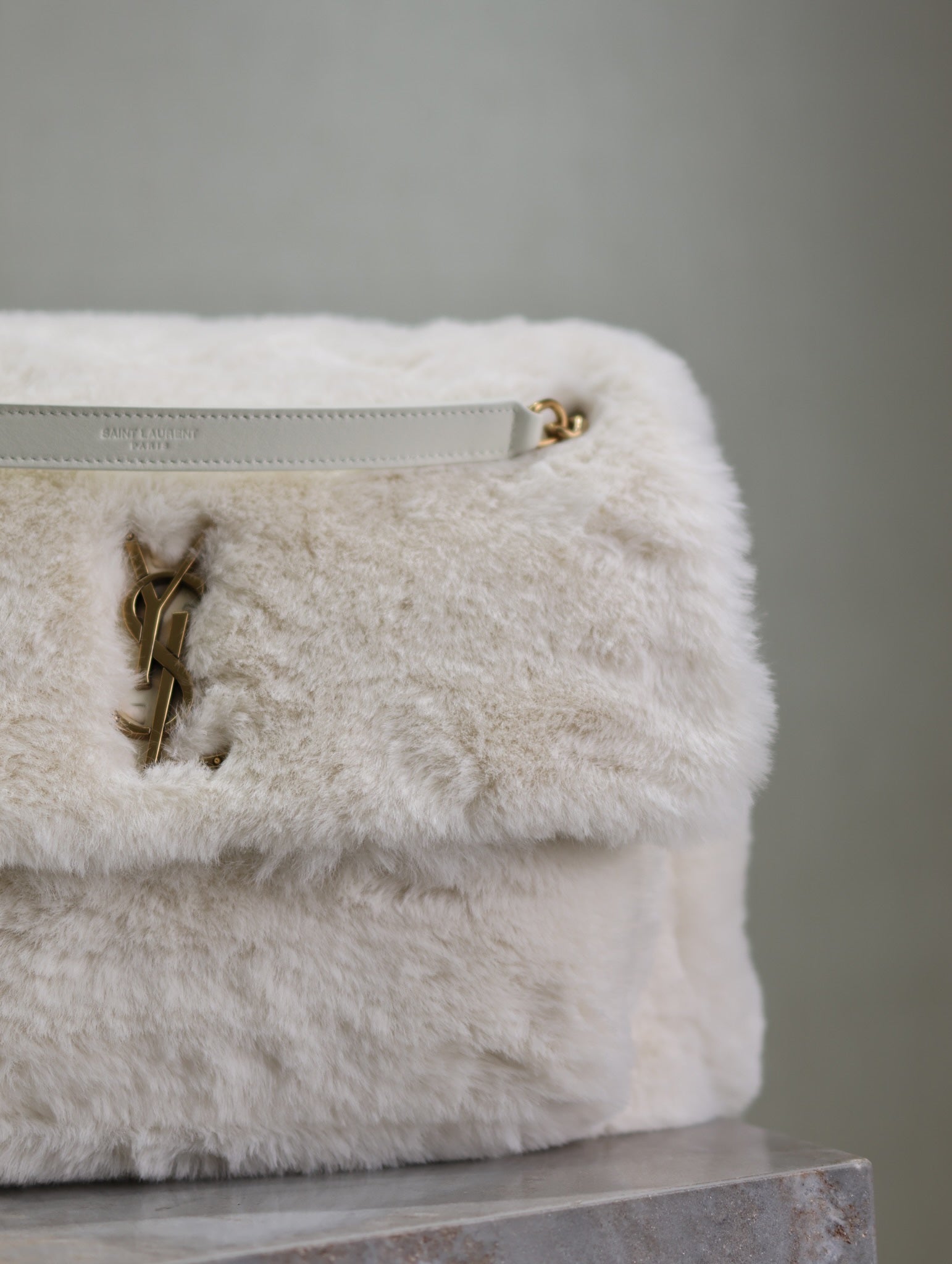 SAINT LAURENT NIKI LARGE 32 IN WHITE RABBIT FUR GOLD HARDWARE