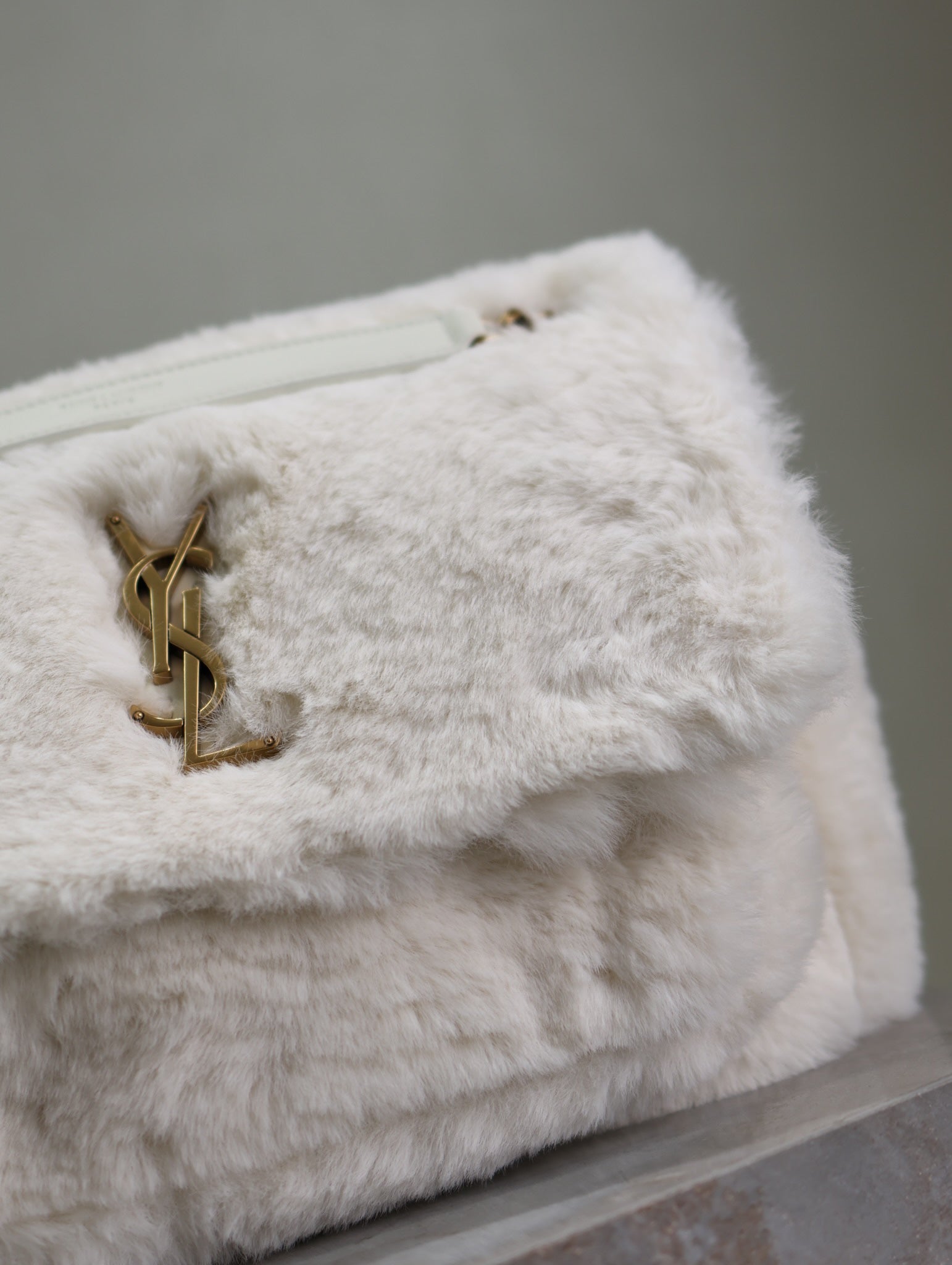 SAINT LAURENT NIKI MEDIUM 28 IN WHITE RABBIT FUR GOLD HARDWARE