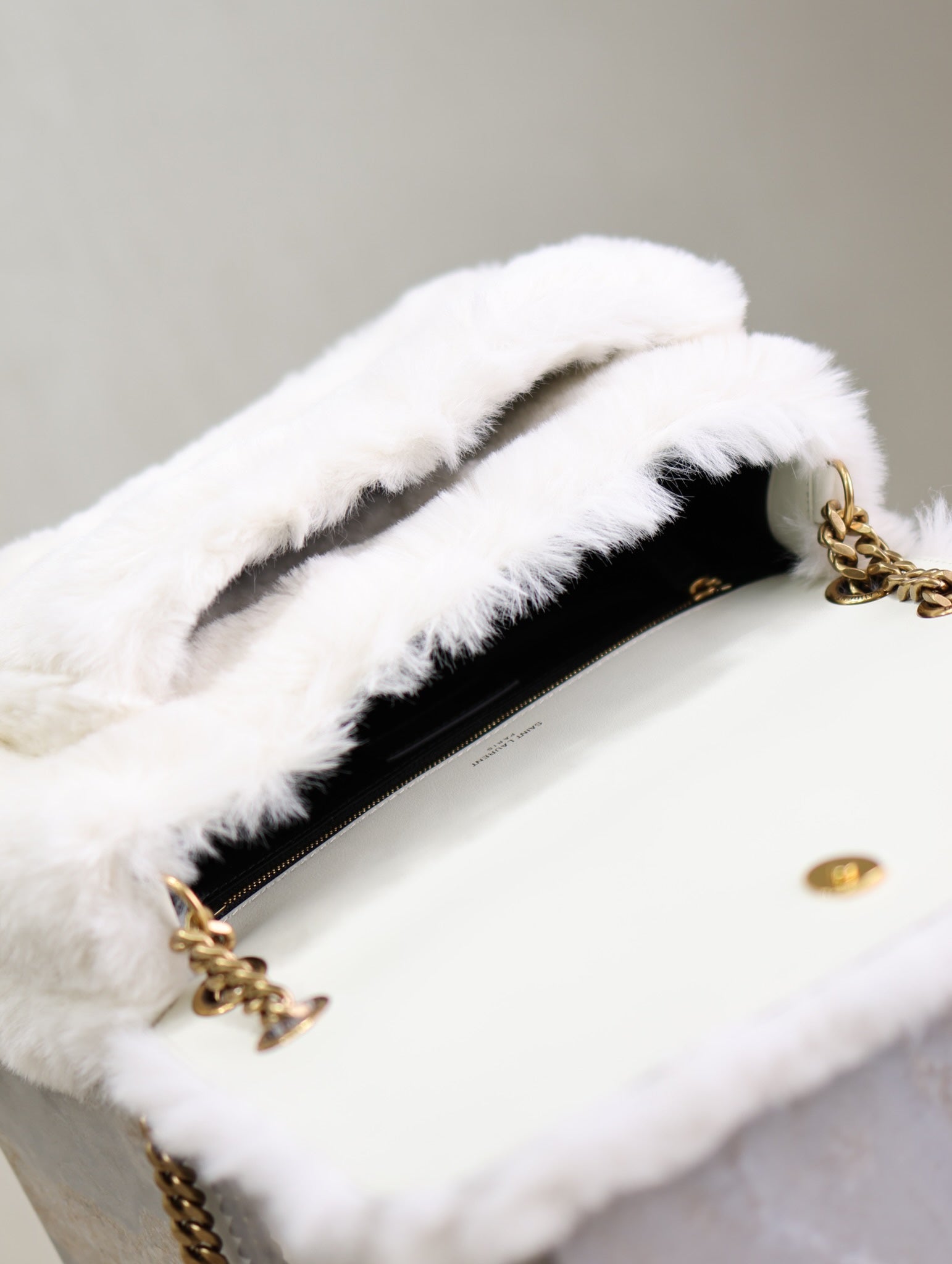 SAINT LAURENT NIKI MEDIUM 28 IN WHITE RABBIT FUR GOLD HARDWARE