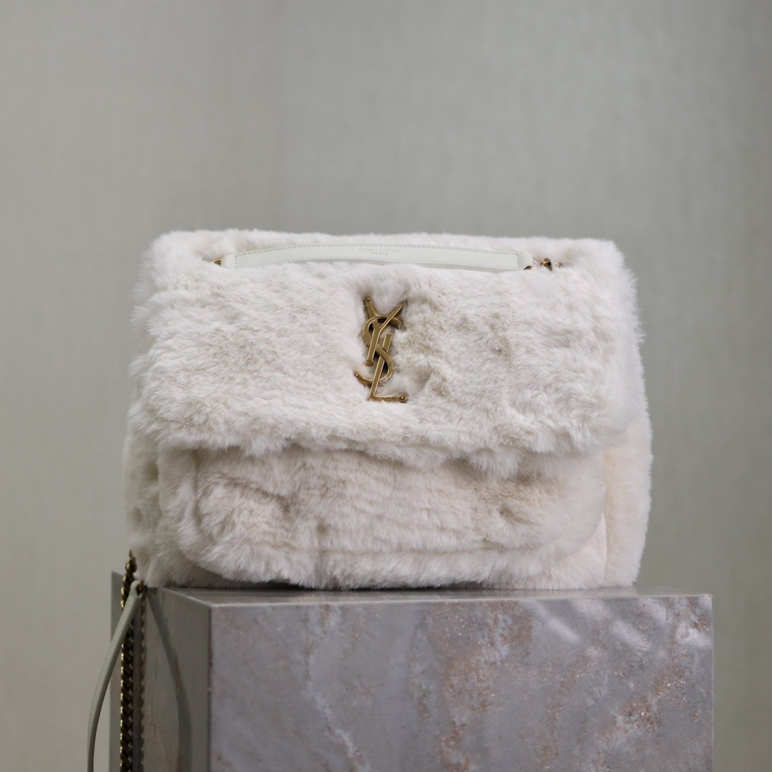 SAINT LAURENT NIKI MEDIUM 28 IN WHITE RABBIT FUR GOLD HARDWARE