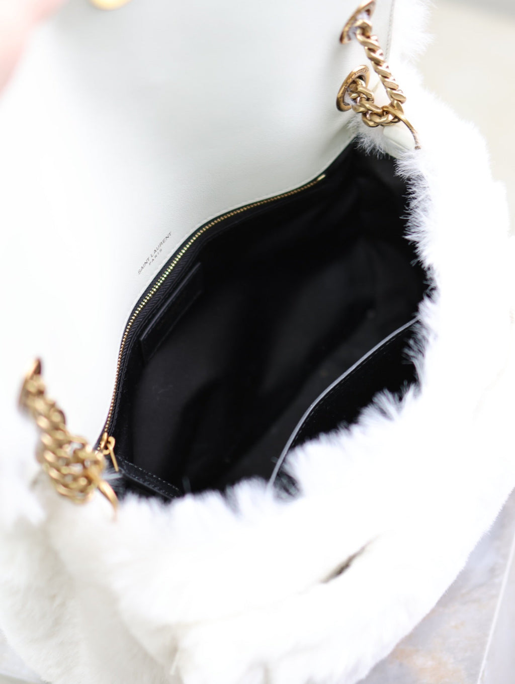 SAINT LAURENT NIKI MEDIUM 28 IN WHITE RABBIT FUR GOLD HARDWARE