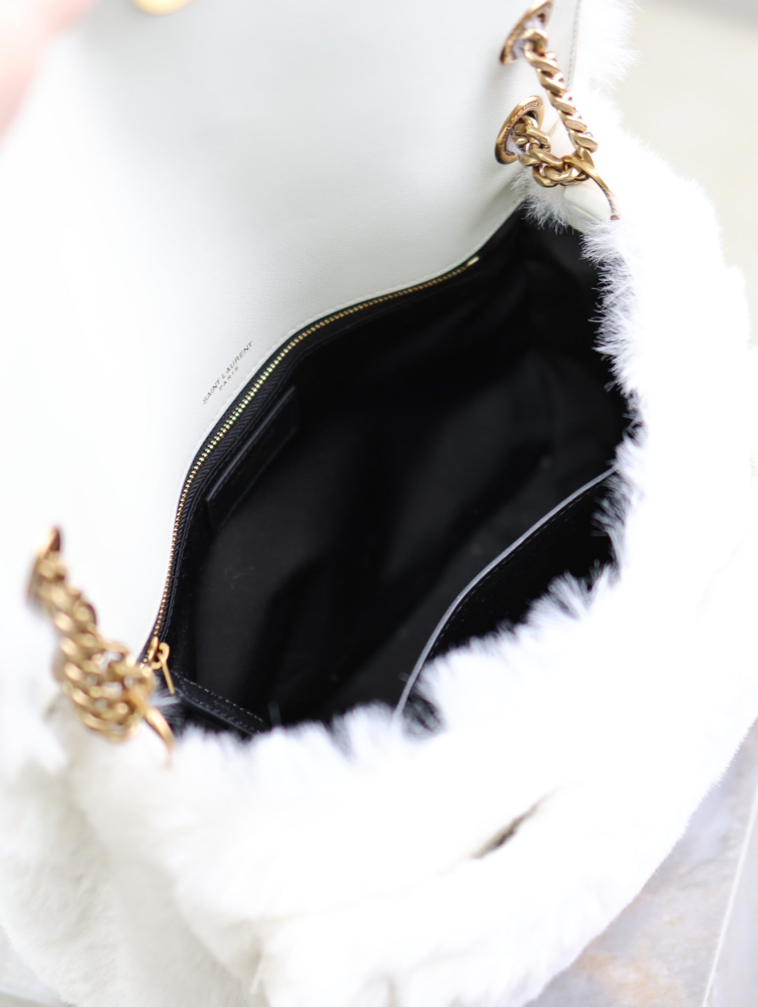 SAINT LAURENT NIKI MEDIUM 28 IN WHITE RABBIT FUR GOLD HARDWARE