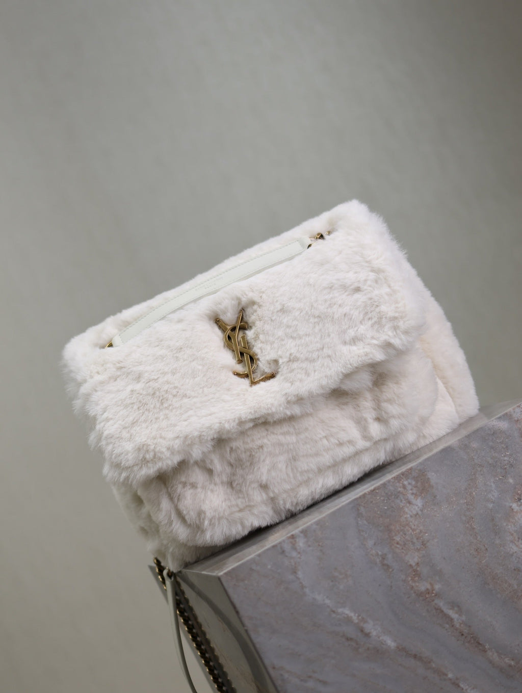 SAINT LAURENT NIKI MEDIUM 28 IN WHITE RABBIT FUR GOLD HARDWARE