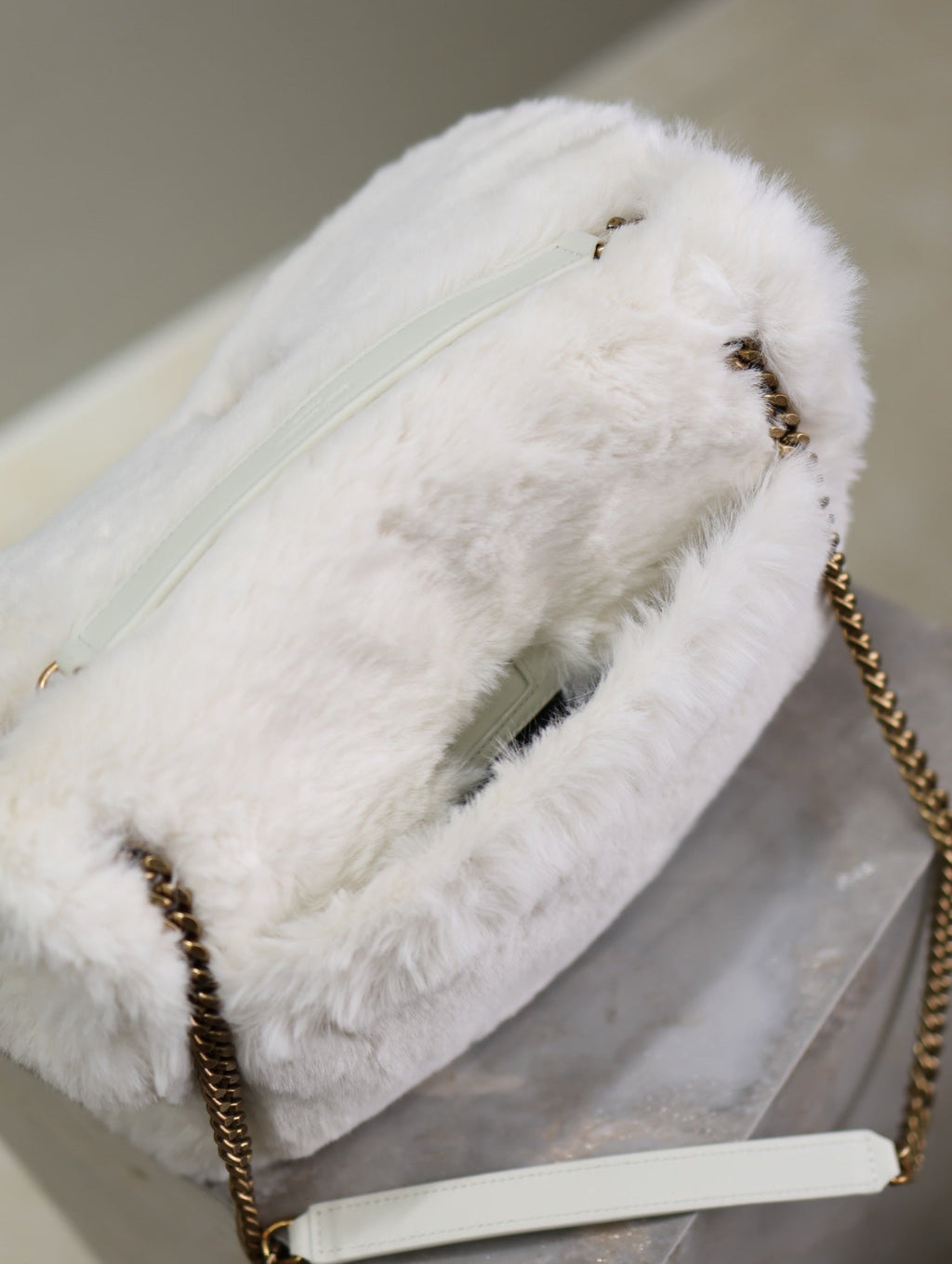 SAINT LAURENT NIKI MEDIUM 28 IN WHITE RABBIT FUR GOLD HARDWARE