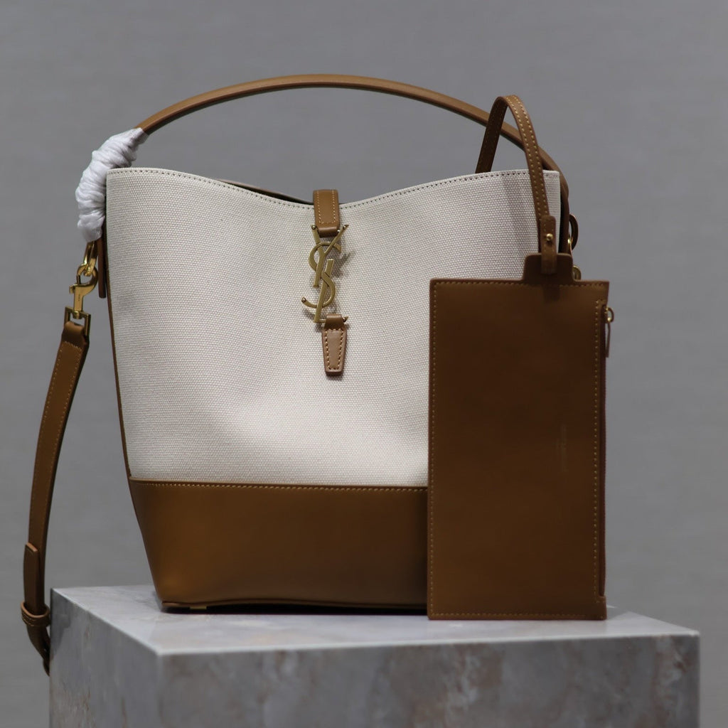 SAINT LAURENT YSL 25S LE 5 À 7 BUCKET 26 IN CREAM BROWN CALFSKIN AND CANVAS GOLD HARDWRE