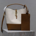 SAINT LAURENT YSL 25S LE 5 À 7 BUCKET 26 IN CREAM BROWN CALFSKIN AND CANVAS GOLD HARDWRE