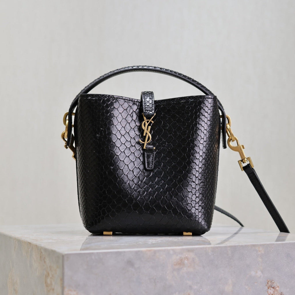 SAINT LAURENT YSL 25S LE 37 BUCKET 15 IN BLACK SNAKE EMBOSSED CALFSKIN GOLD HARDWRE