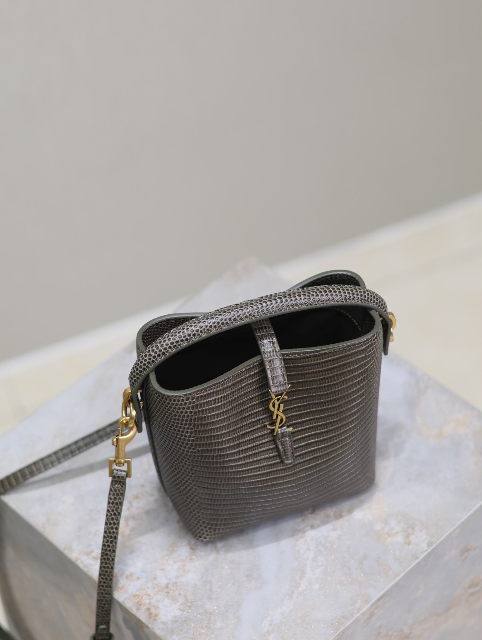 SAINT LAURENT YSL 25S LE 37 MINI 15 IN BROWN LIZARD PATTERN CALFSKIN GOLD HARDWRE