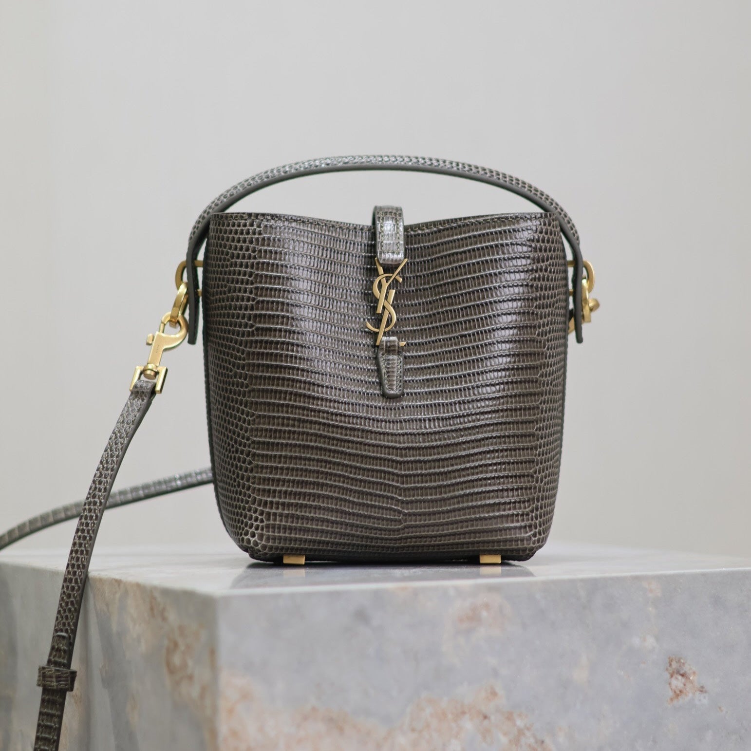 SAINT LAURENT YSL 25S LE 37 MINI 15 IN BROWN LIZARD PATTERN CALFSKIN GOLD HARDWRE