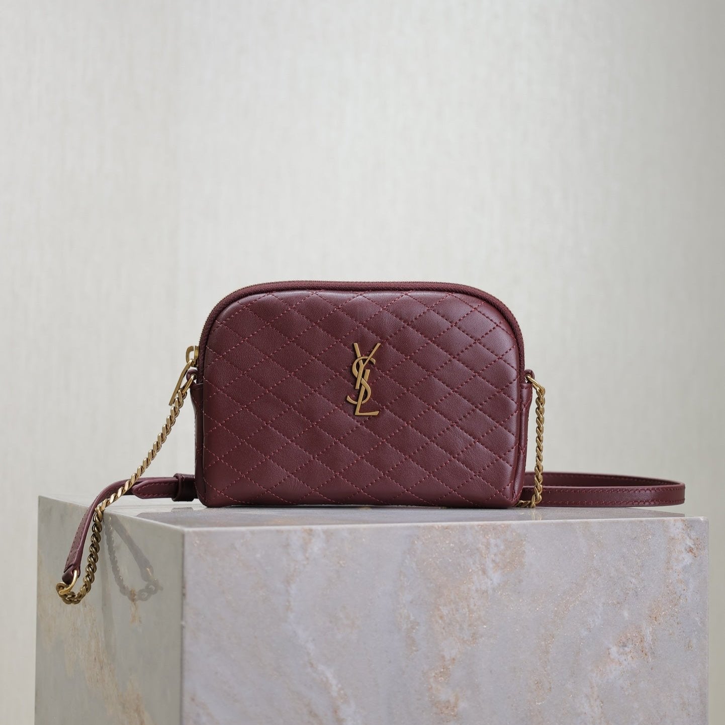 SAINT LAURENT GABY ZIPPED POUCH 19 IN WINE RED QUILTED LAMBSKIN GOLD HARDWARE