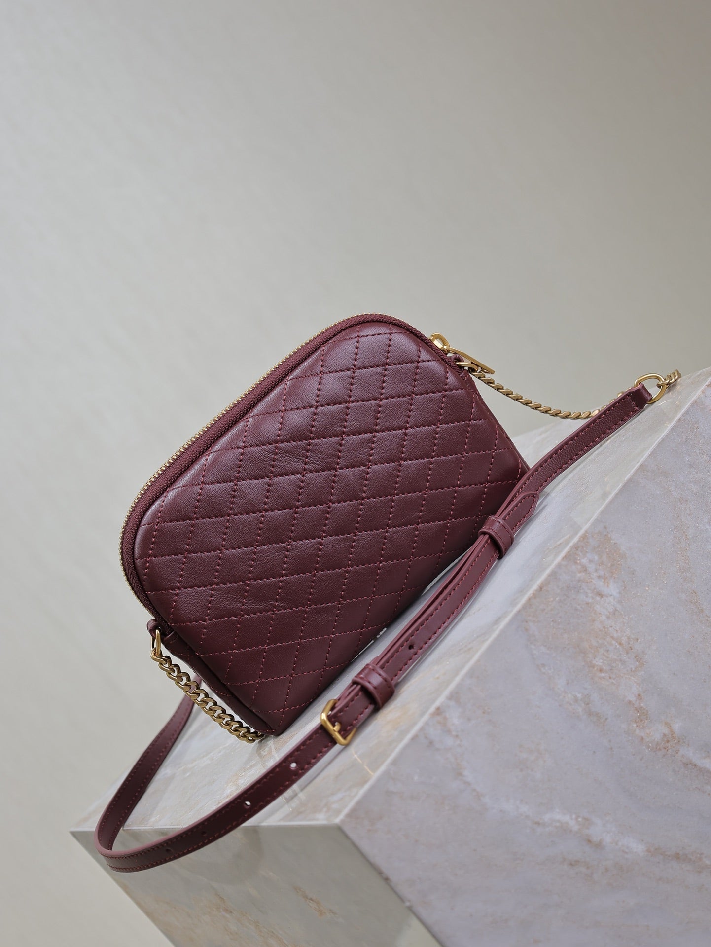 SAINT LAURENT GABY ZIPPED POUCH 19 IN WINE RED QUILTED LAMBSKIN GOLD HARDWARE