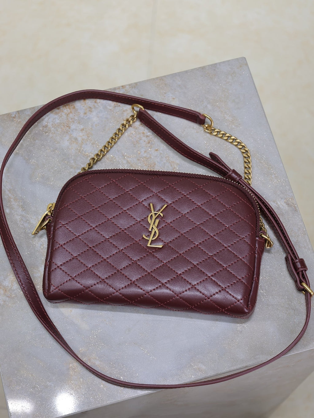 SAINT LAURENT GABY ZIPPED POUCH 19 IN WINE RED QUILTED LAMBSKIN GOLD HARDWARE