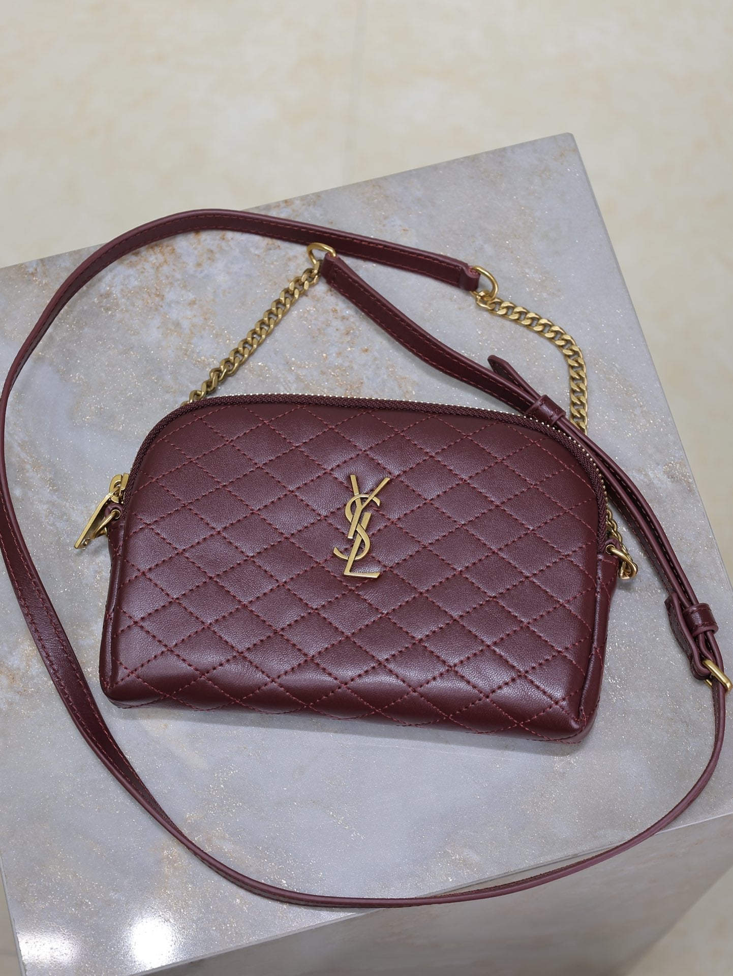 SAINT LAURENT GABY ZIPPED POUCH 19 IN WINE RED QUILTED LAMBSKIN GOLD HARDWARE