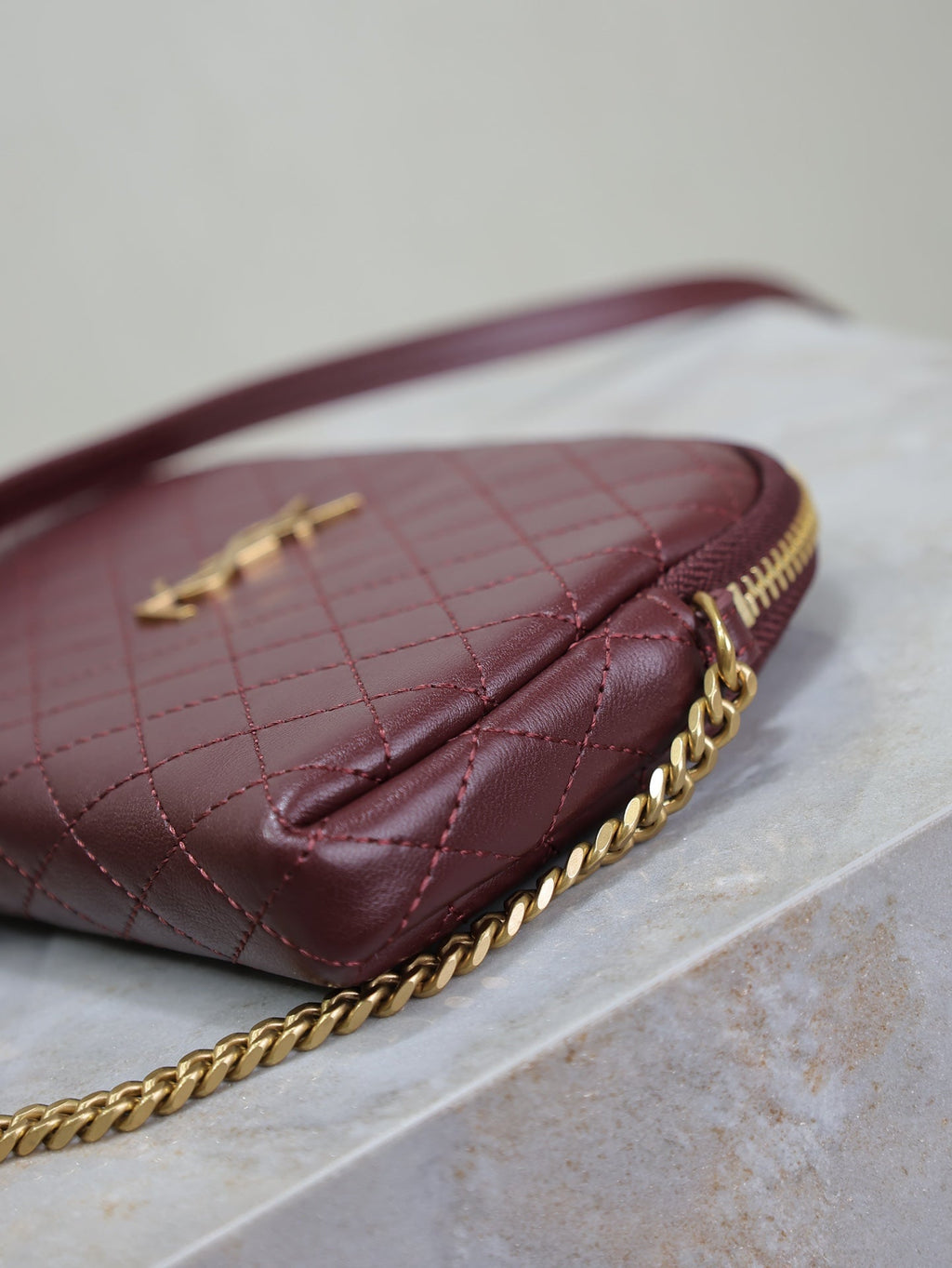 SAINT LAURENT GABY ZIPPED POUCH 19 IN WINE RED QUILTED LAMBSKIN GOLD HARDWARE