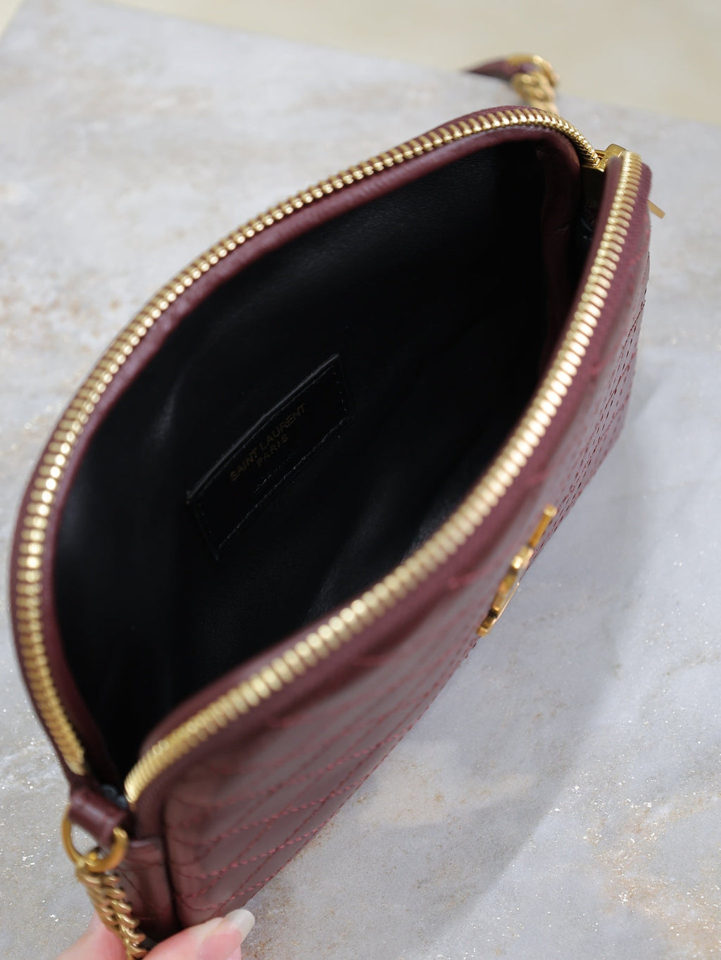 SAINT LAURENT GABY ZIPPED POUCH 19 IN WINE RED QUILTED LAMBSKIN GOLD HARDWARE