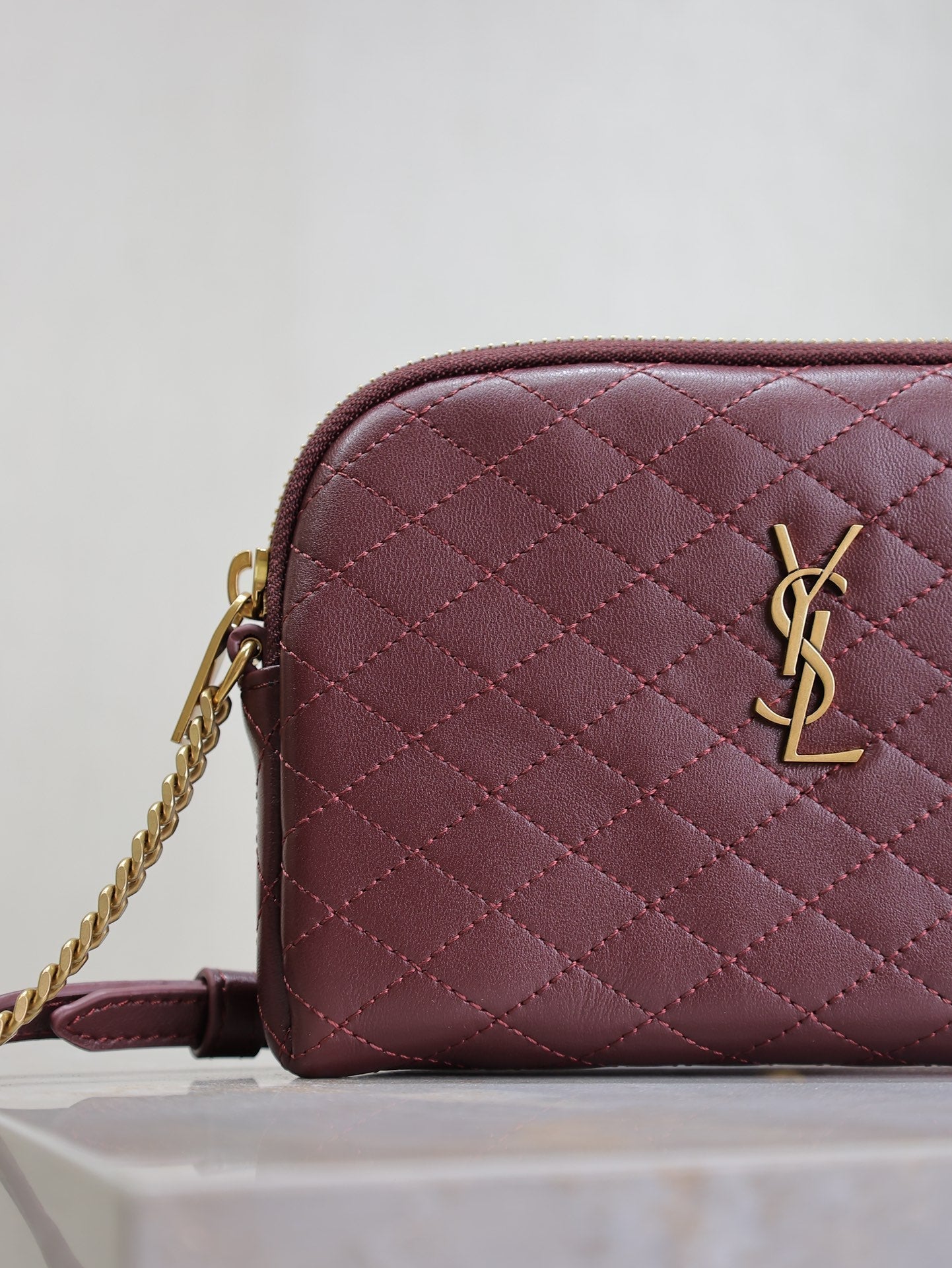 SAINT LAURENT GABY ZIPPED POUCH 19 IN WINE RED QUILTED LAMBSKIN GOLD HARDWARE