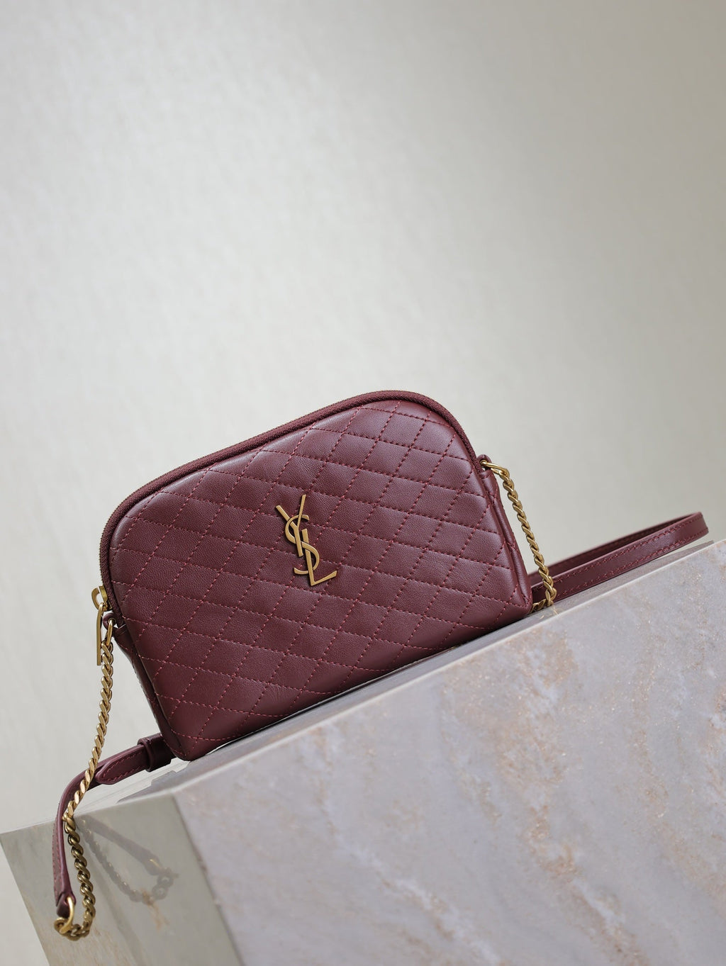 SAINT LAURENT GABY ZIPPED POUCH 19 IN WINE RED QUILTED LAMBSKIN GOLD HARDWARE