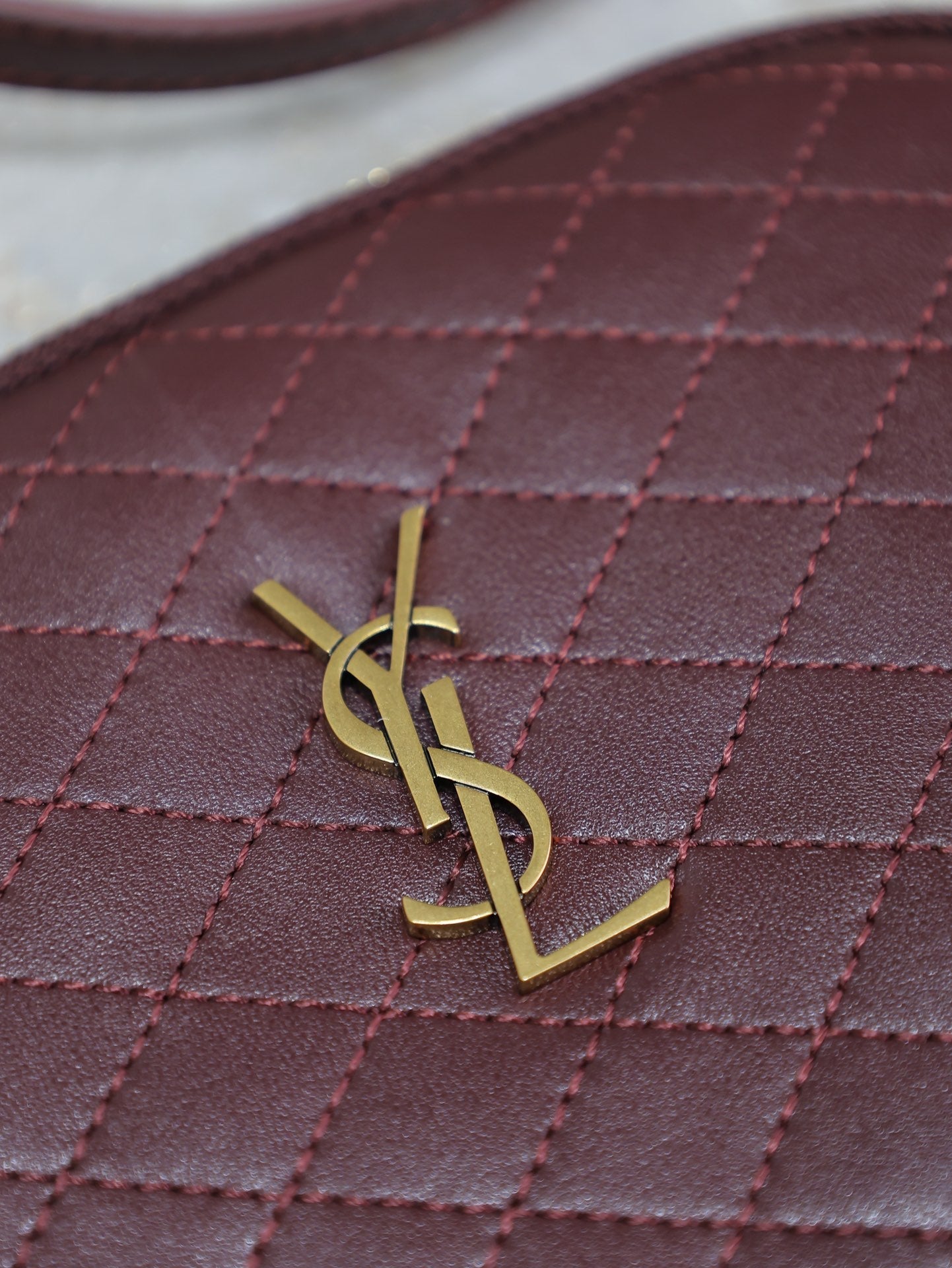 SAINT LAURENT GABY ZIPPED POUCH 19 IN WINE RED QUILTED LAMBSKIN GOLD HARDWARE