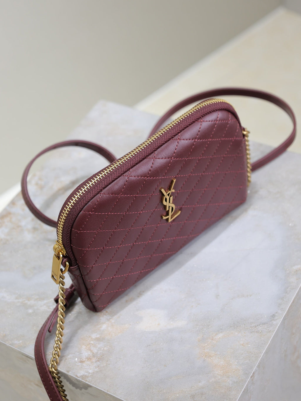 SAINT LAURENT GABY ZIPPED POUCH 19 IN WINE RED QUILTED LAMBSKIN GOLD HARDWARE