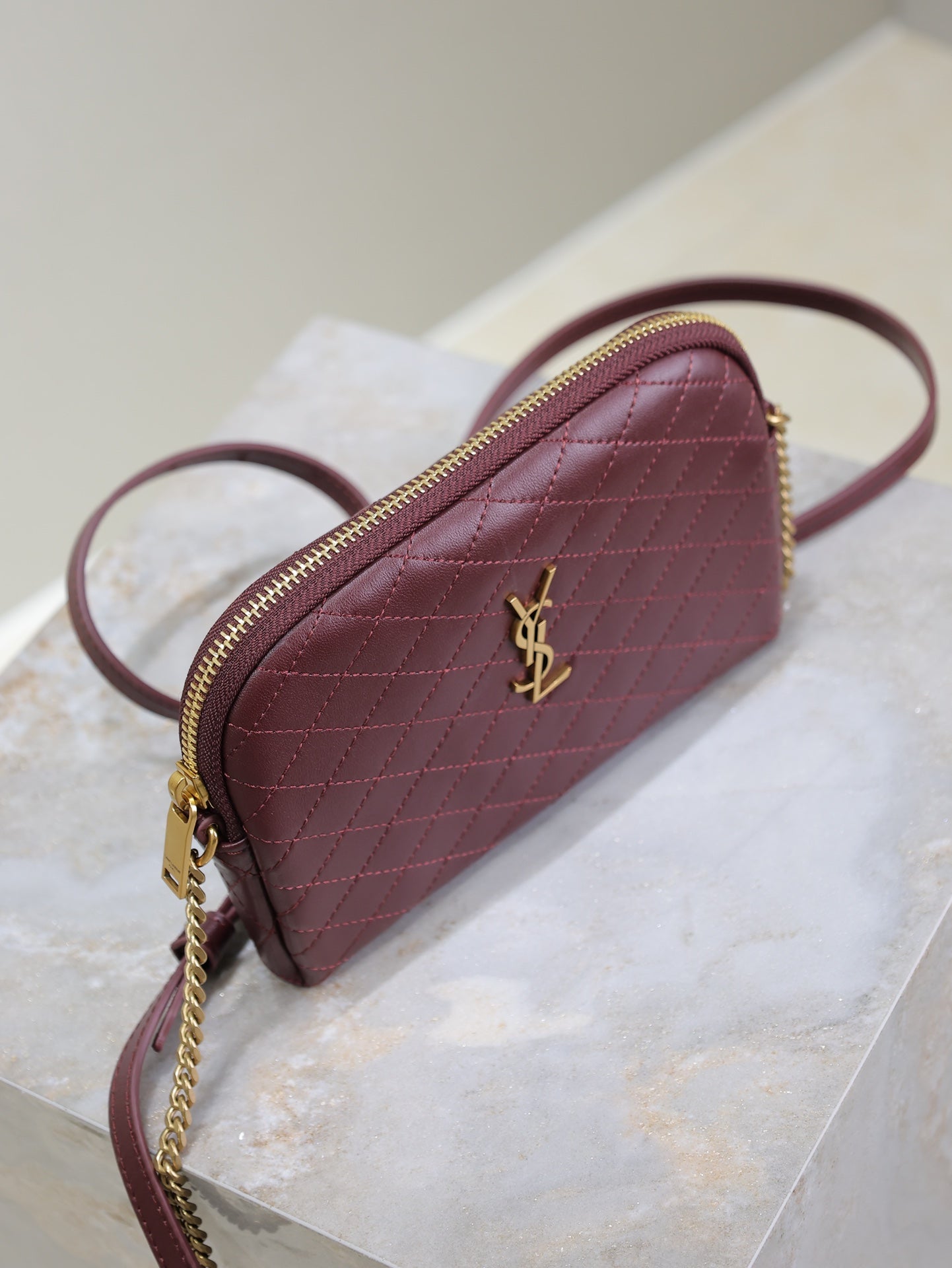 SAINT LAURENT GABY ZIPPED POUCH 19 IN WINE RED QUILTED LAMBSKIN GOLD HARDWARE