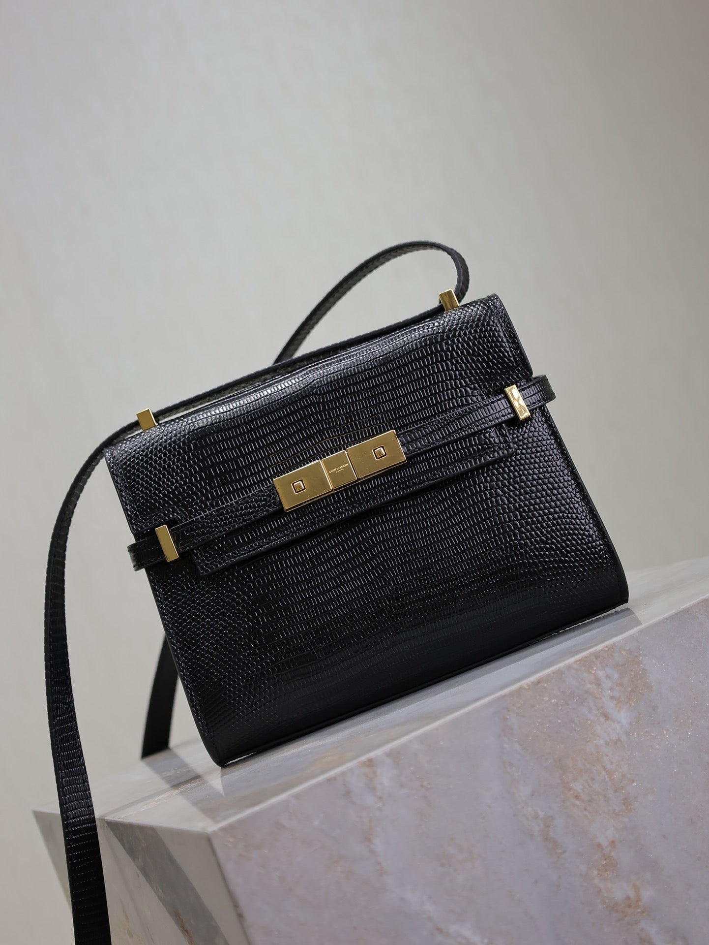 SAINT LAURENT YSL 25S MINI MANHATTAN 19 IN BLACK SHINY CROCODILE CALFSKIN GOLD HARDWRE