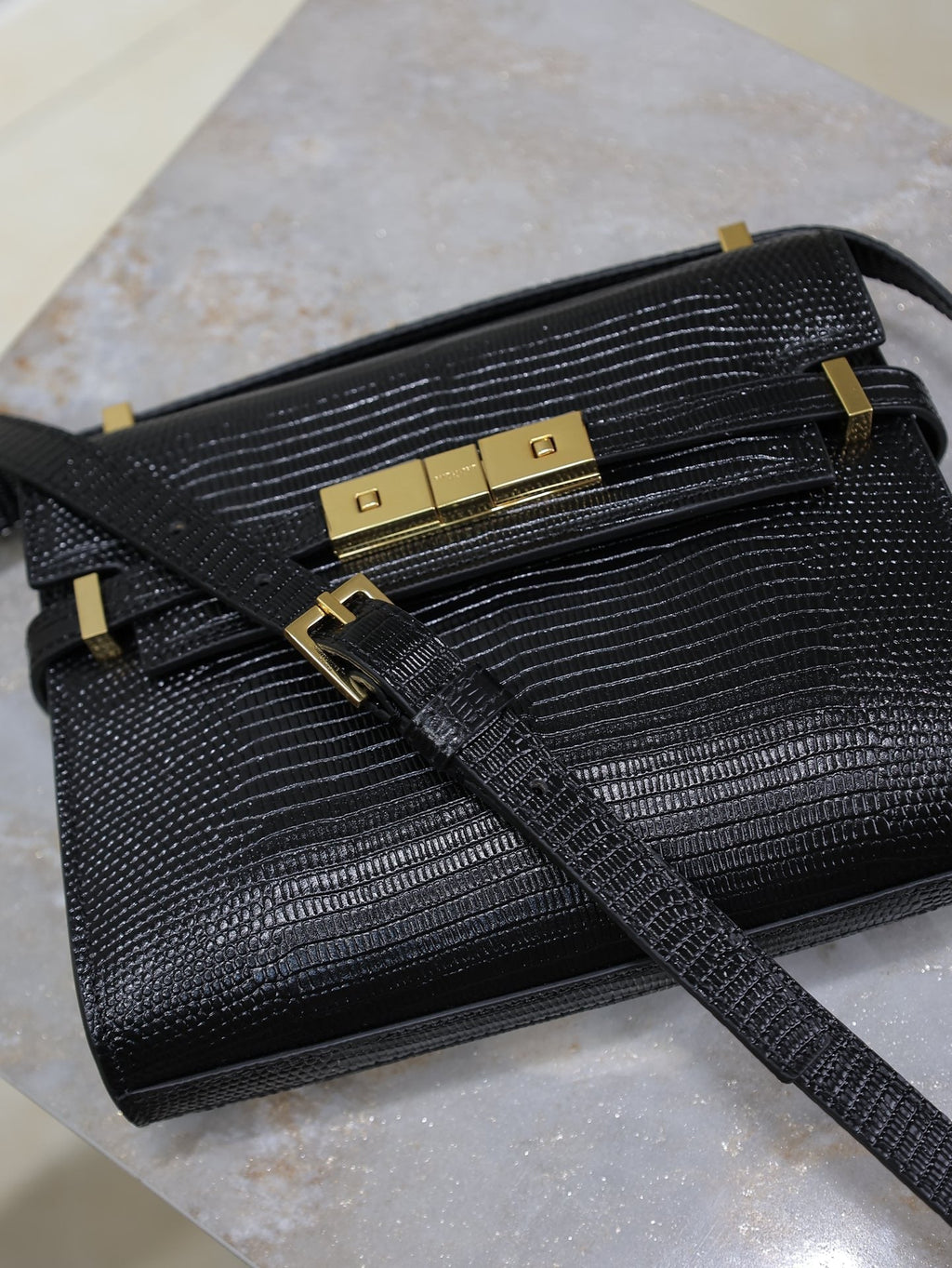 SAINT LAURENT YSL 25S MINI MANHATTAN 19 IN BLACK SHINY CROCODILE CALFSKIN GOLD HARDWRE