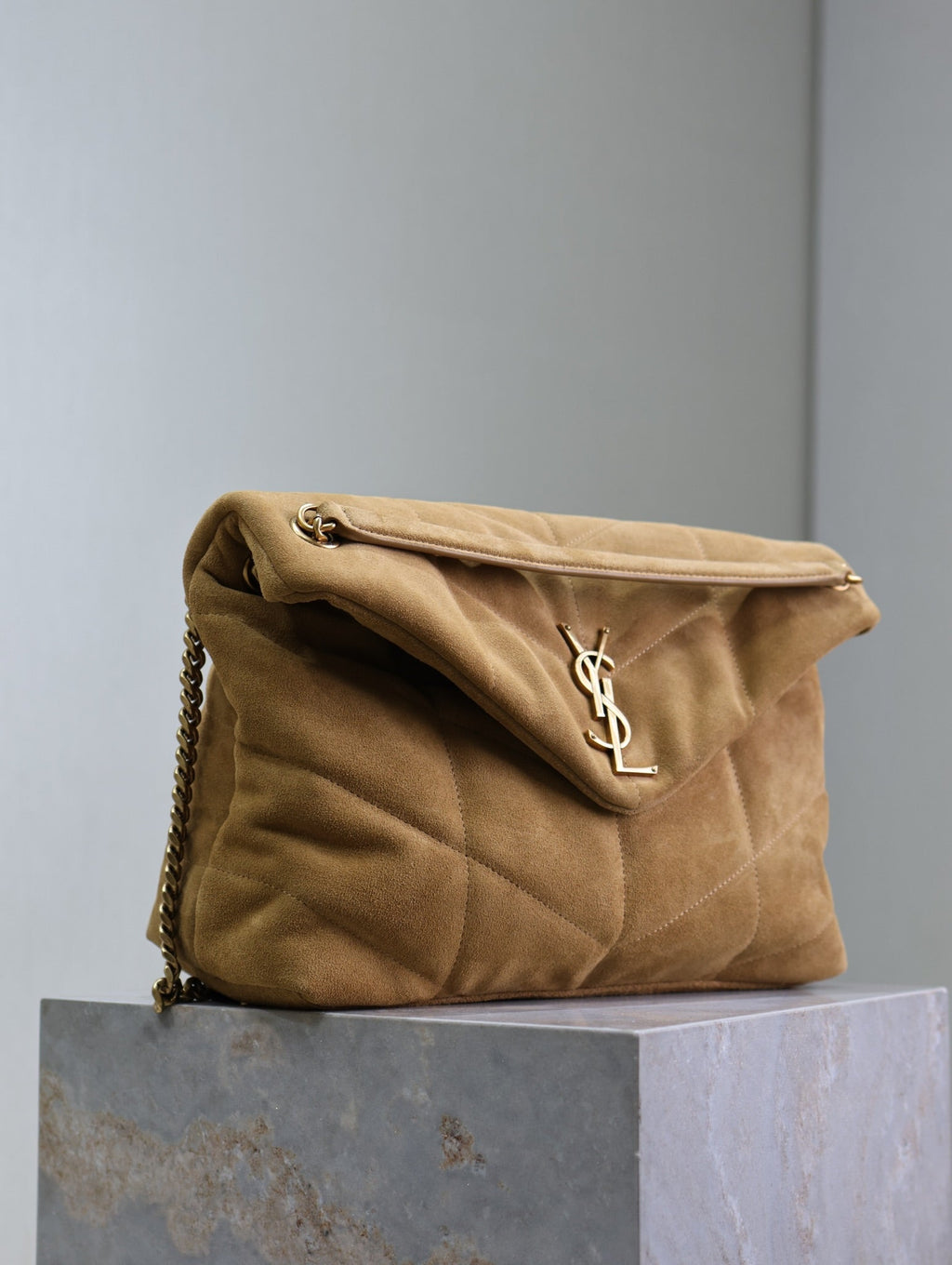 SAINT LAURENT YSL 25S LOULOU PUFFER GM 35 IN TAN BROWN SUEDE GOLD HARDWRE