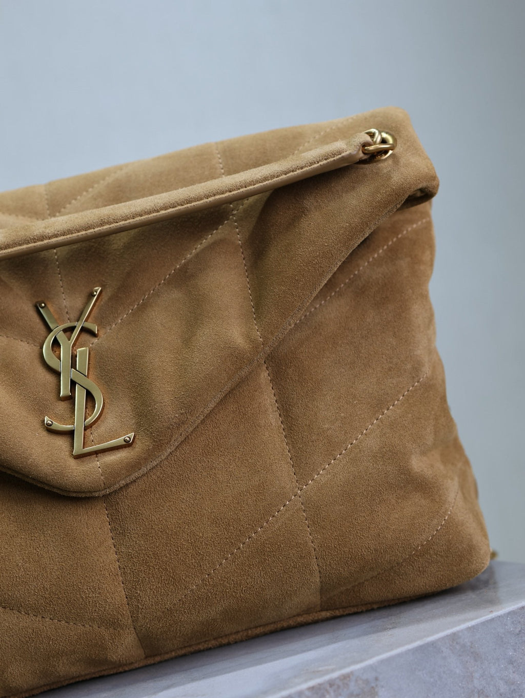 SAINT LAURENT YSL 25S LOULOU PUFFER GM 35 IN TAN BROWN SUEDE GOLD HARDWARE