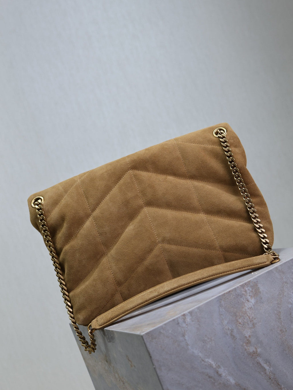 SAINT LAURENT YSL 25S LOULOU PUFFER GM 35 IN TAN BROWN SUEDE GOLD HARDWRE