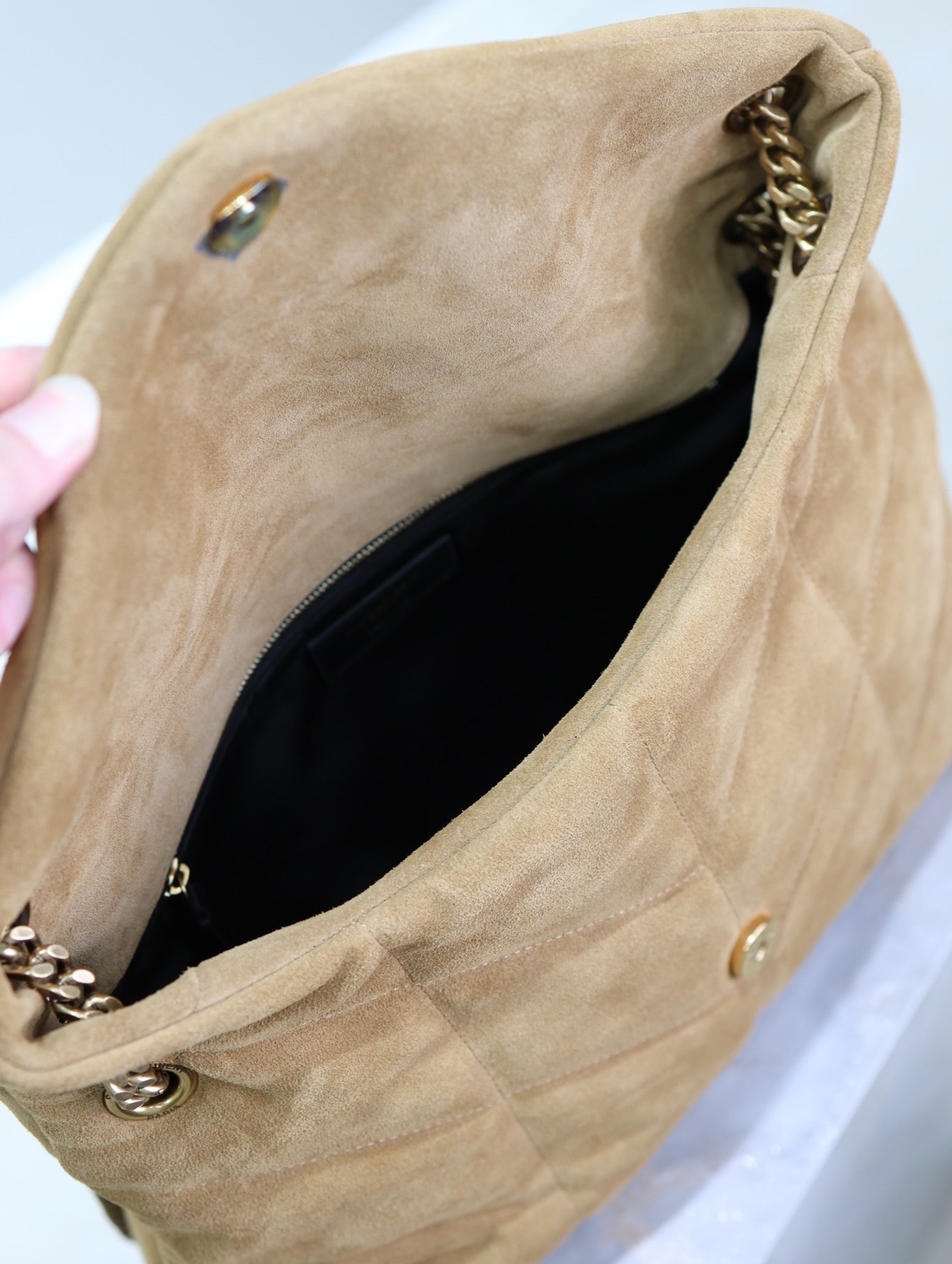 SAINT LAURENT YSL 25S LOULOU PUFFER GM 35 IN TAN BROWN SUEDE GOLD HARDWRE
