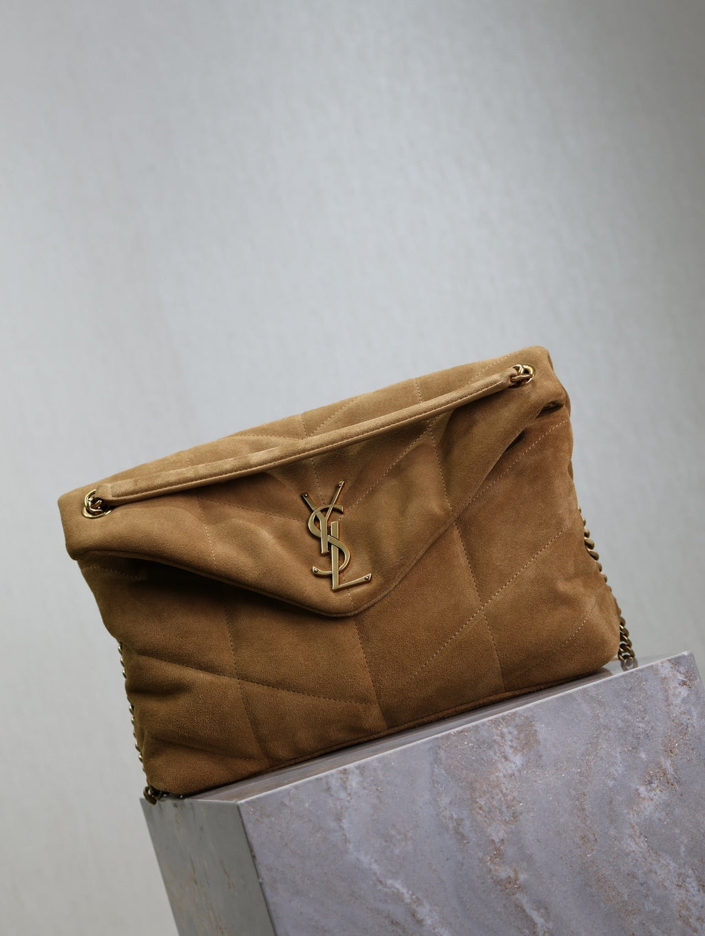 SAINT LAURENT YSL 25S LOULOU PUFFER GM 35 IN TAN BROWN SUEDE GOLD HARDWRE