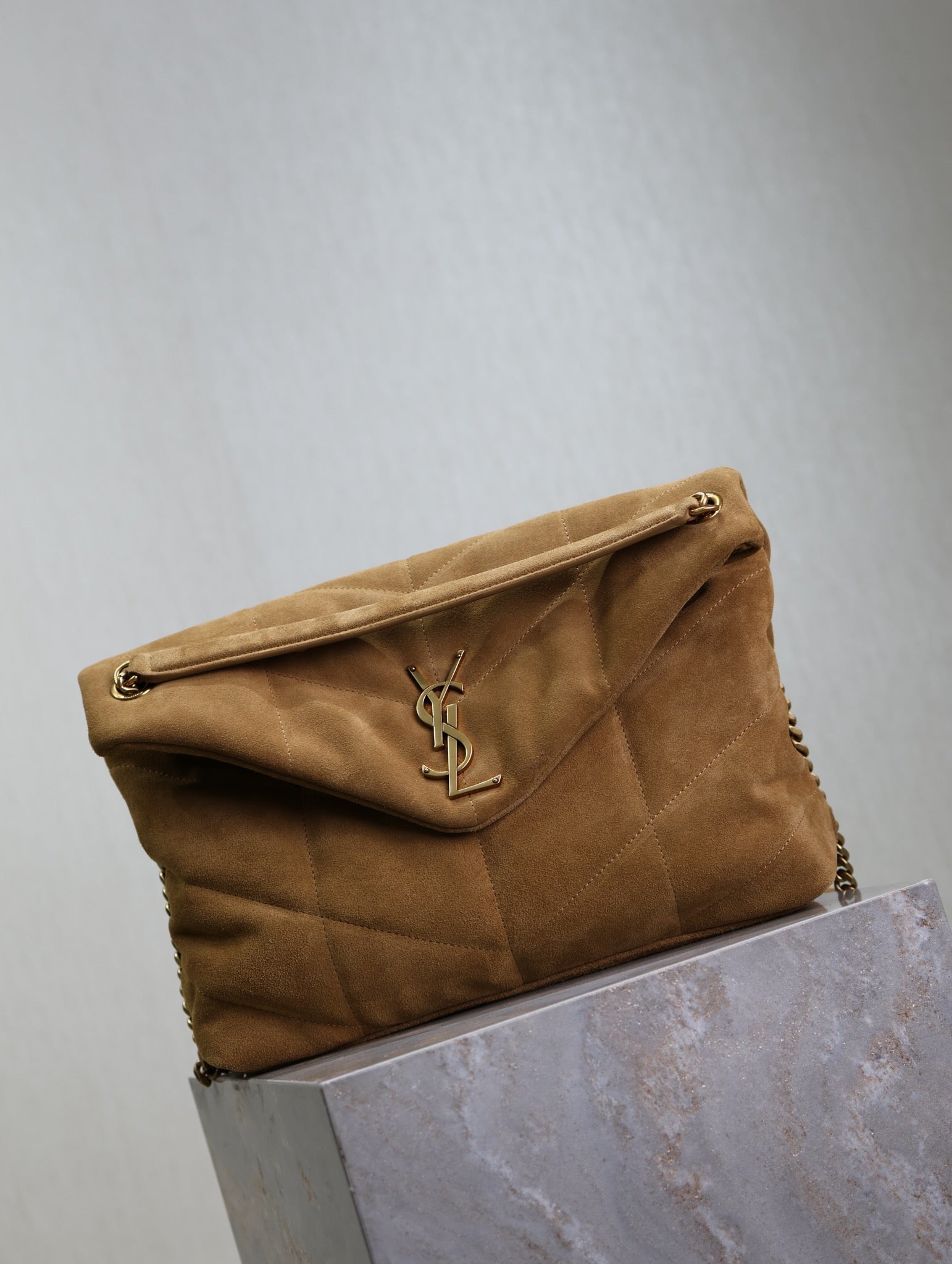 SAINT LAURENT YSL 25S LOULOU PUFFER GM 35 IN TAN BROWN SUEDE GOLD HARDWARE