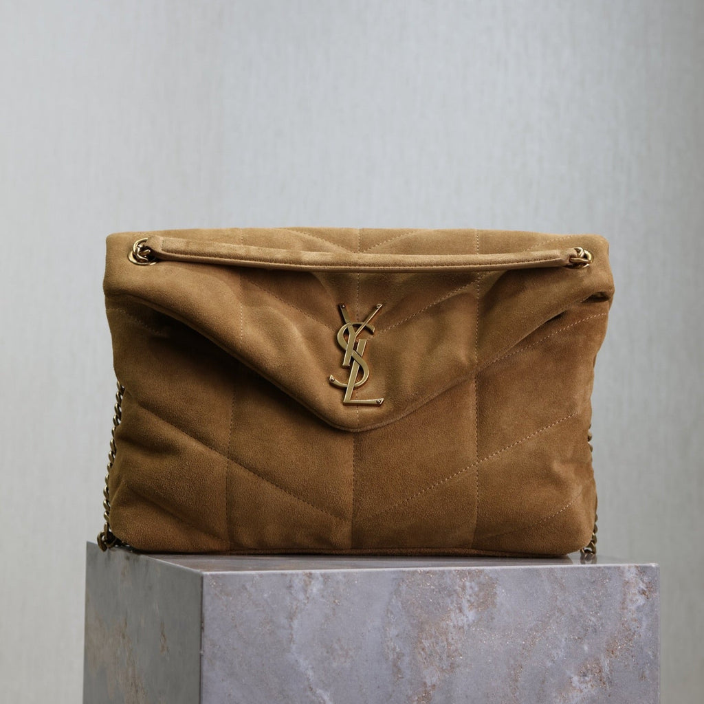 SAINT LAURENT YSL 25S LOULOU PUFFER GM 35 IN TAN BROWN SUEDE GOLD HARDWARE