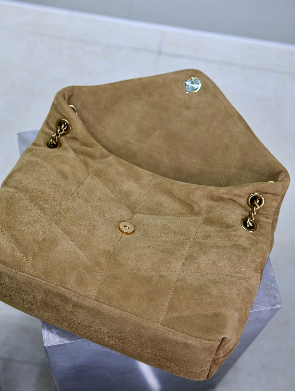 SAINT LAURENT YSL 25S LOULOU PUFFER GM 35 IN TAN BROWN SUEDE GOLD HARDWRE