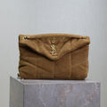 SAINT LAURENT YSL 25S LOULOU PUFFER MM 29 IN TAN BROWN SUEDE GOLD HARDWRE