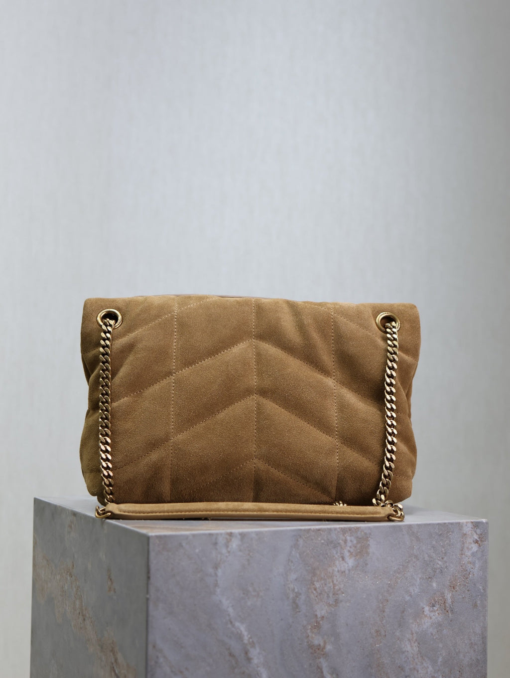 SAINT LAURENT YSL 25S LOULOU PUFFER MM 29 IN TAN BROWN SUEDE GOLD HARDWRE