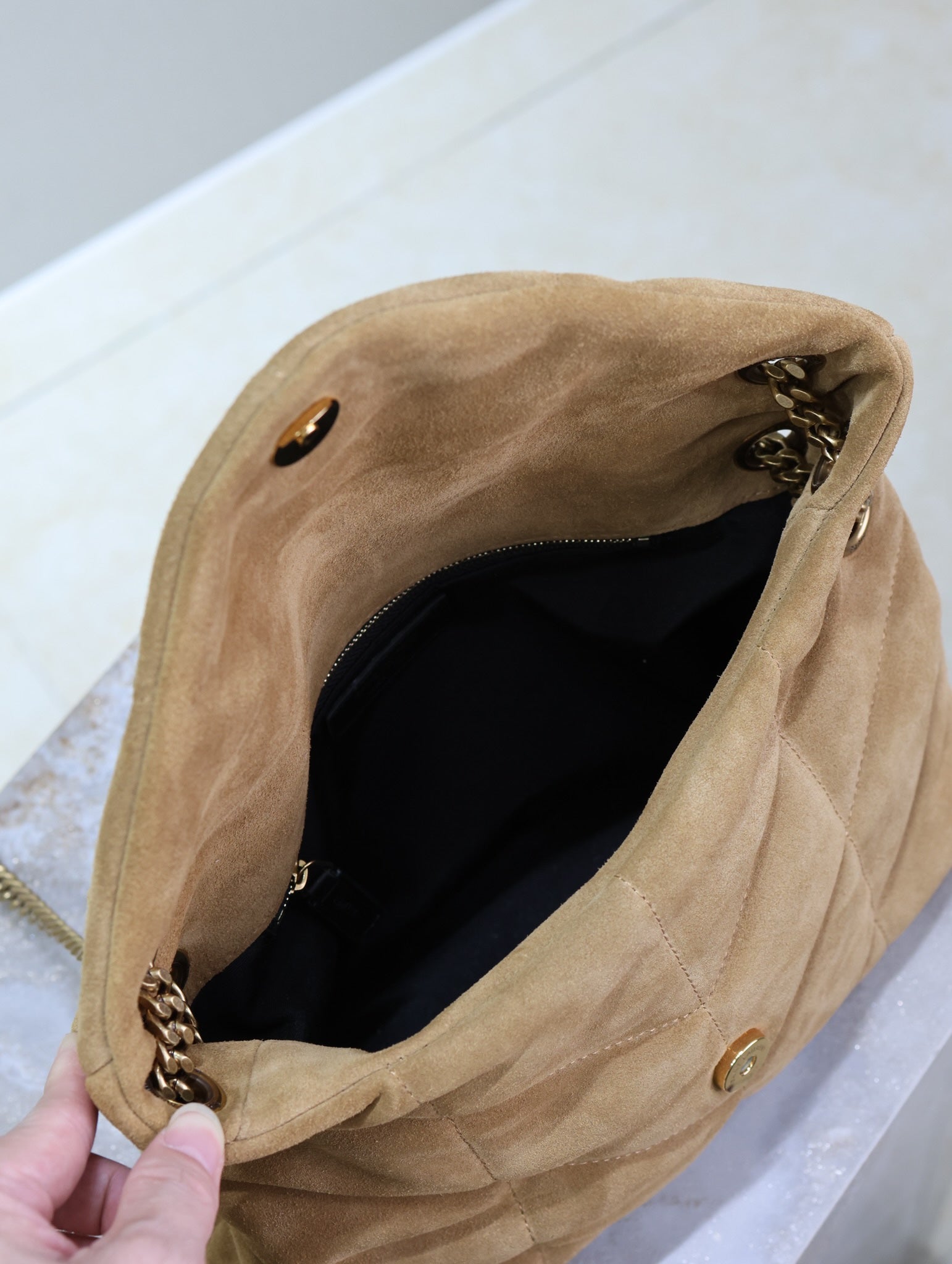 SAINT LAURENT YSL 25S LOULOU PUFFER MM 29 IN TAN BROWN SUEDE GOLD HARDWRE