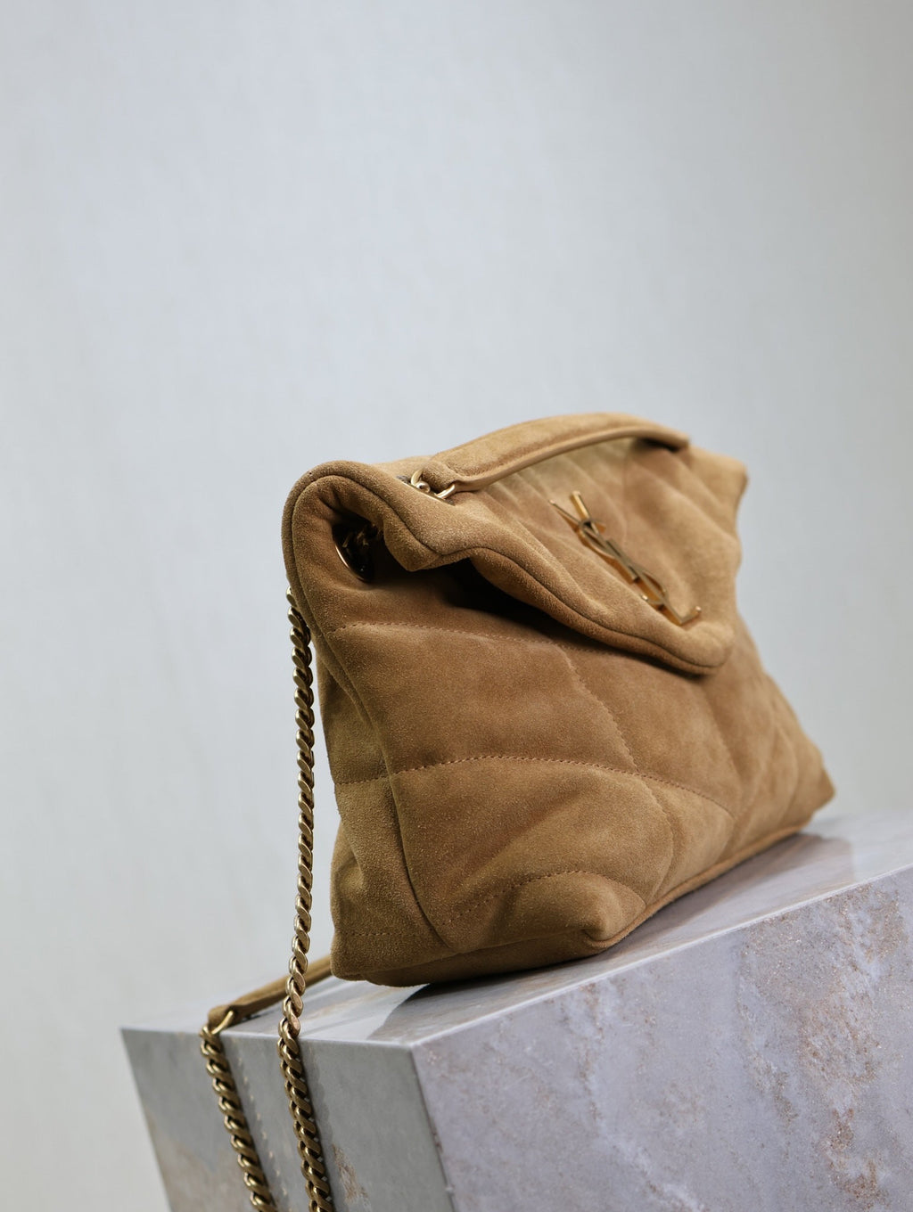 SAINT LAURENT YSL 25S LOULOU PUFFER MM 29 IN TAN BROWN SUEDE GOLD HARDWRE
