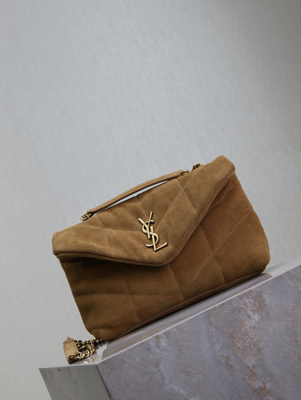 SAINT LAURENT YSL 25S LOULOU PUFFER MINI 23 IN TAN BROWN SUEDE GOLD HARDWRE