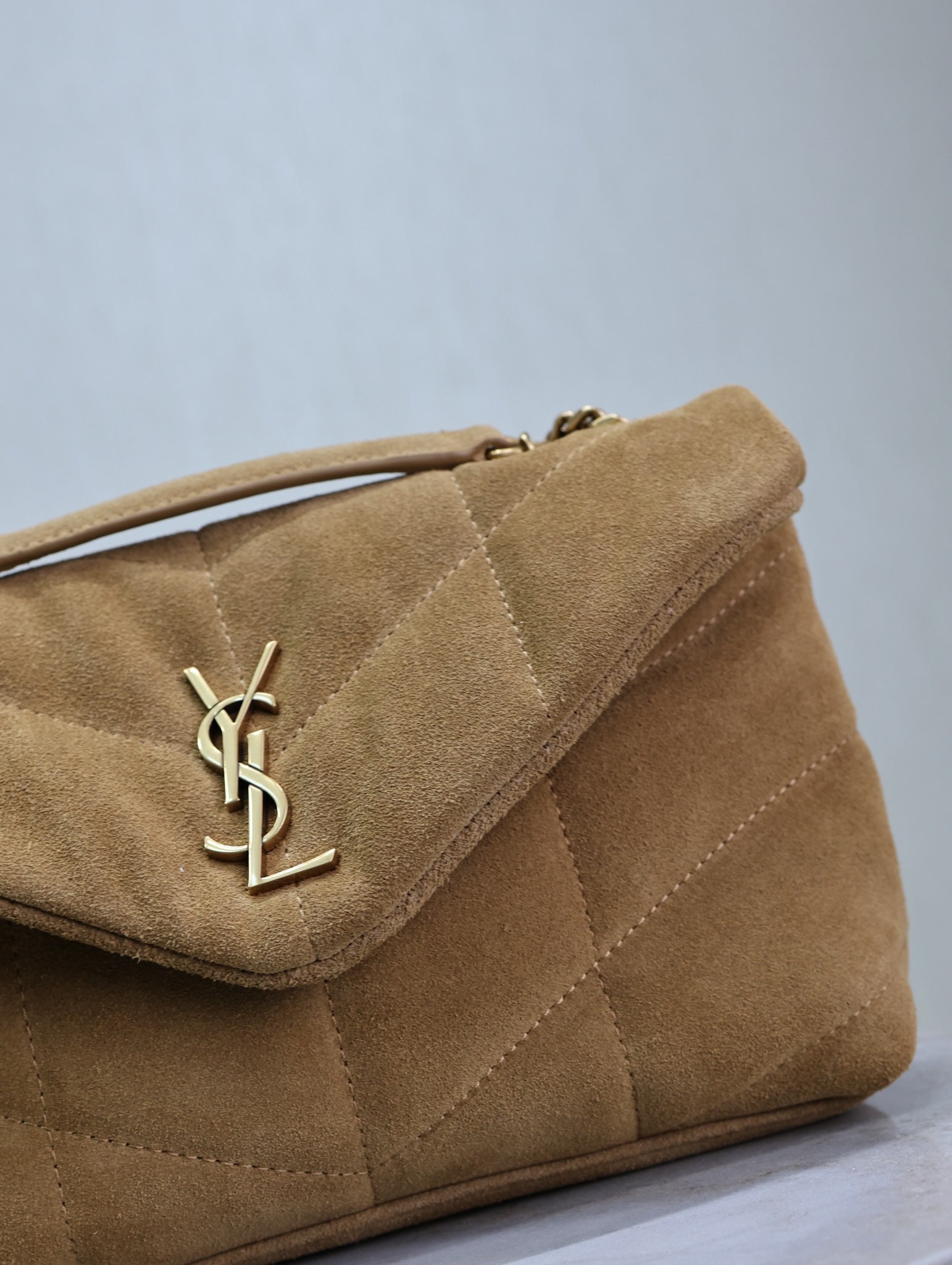 SAINT LAURENT YSL 25S LOULOU PUFFER MINI 23 IN TAN BROWN SUEDE GOLD HARDWRE