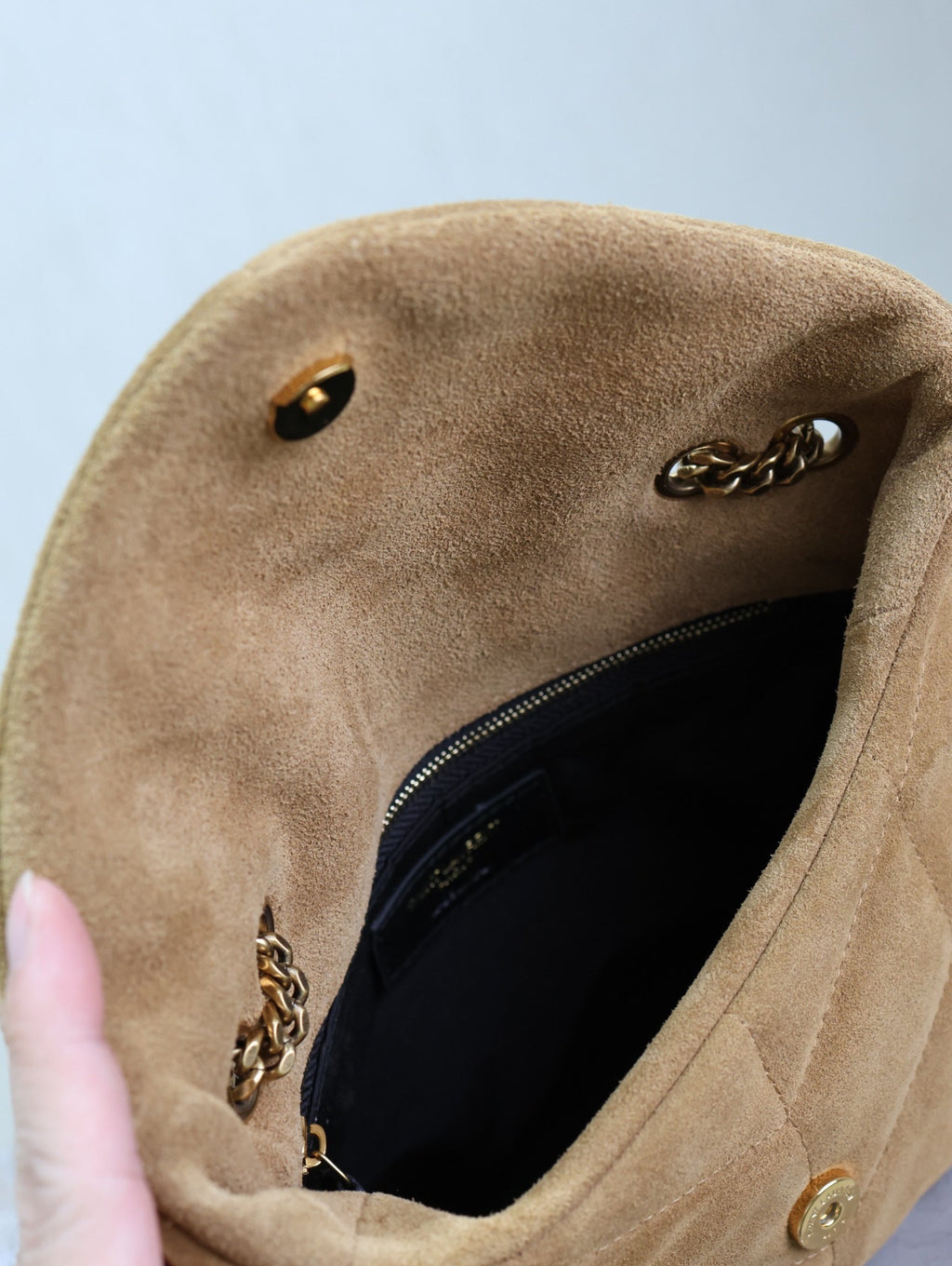 SAINT LAURENT YSL 25S LOULOU PUFFER MINI 23 IN TAN BROWN SUEDE GOLD HARDWARE