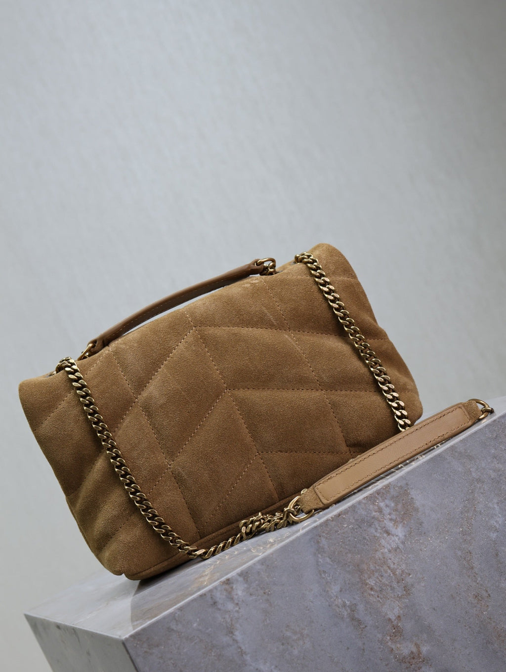 SAINT LAURENT YSL 25S LOULOU PUFFER MINI 23 IN TAN BROWN SUEDE GOLD HARDWARE