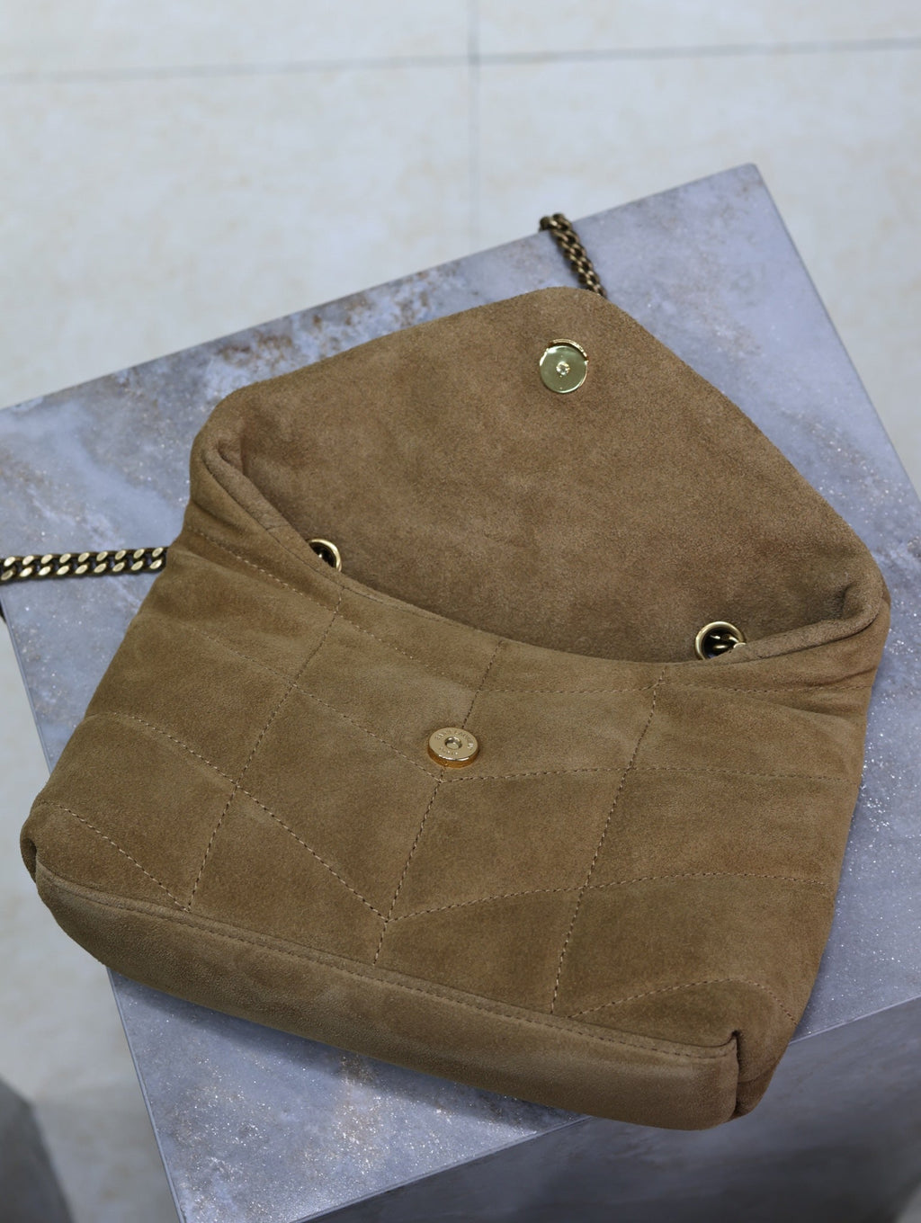 SAINT LAURENT YSL 25S LOULOU PUFFER MINI 23 IN TAN BROWN SUEDE GOLD HARDWARE