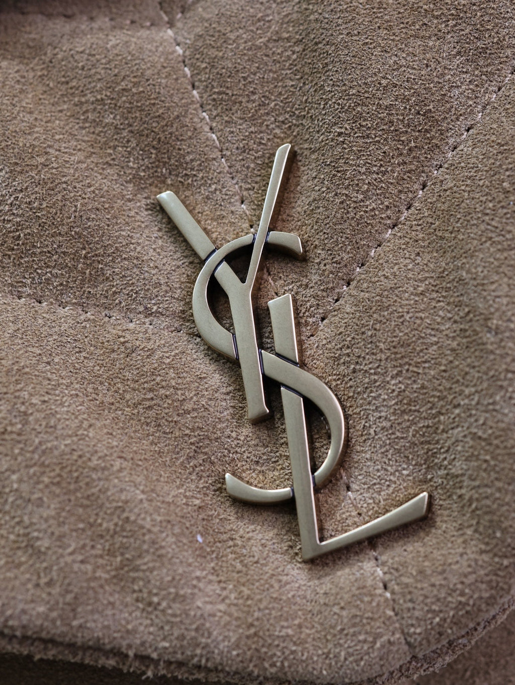 SAINT LAURENT YSL 25S LOULOU PUFFER MINI 23 IN TAN BROWN SUEDE GOLD HARDWRE